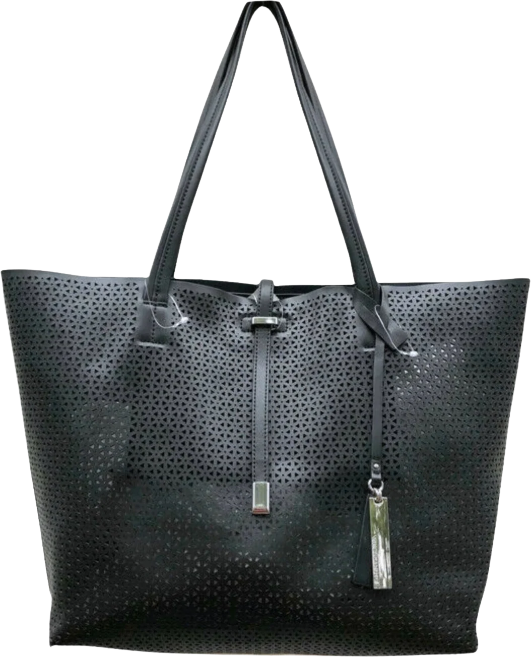 Leila Perforated Leather Shopper Tote Bag Black 18. 5” X 12. 5” Euc by Vince Camuto