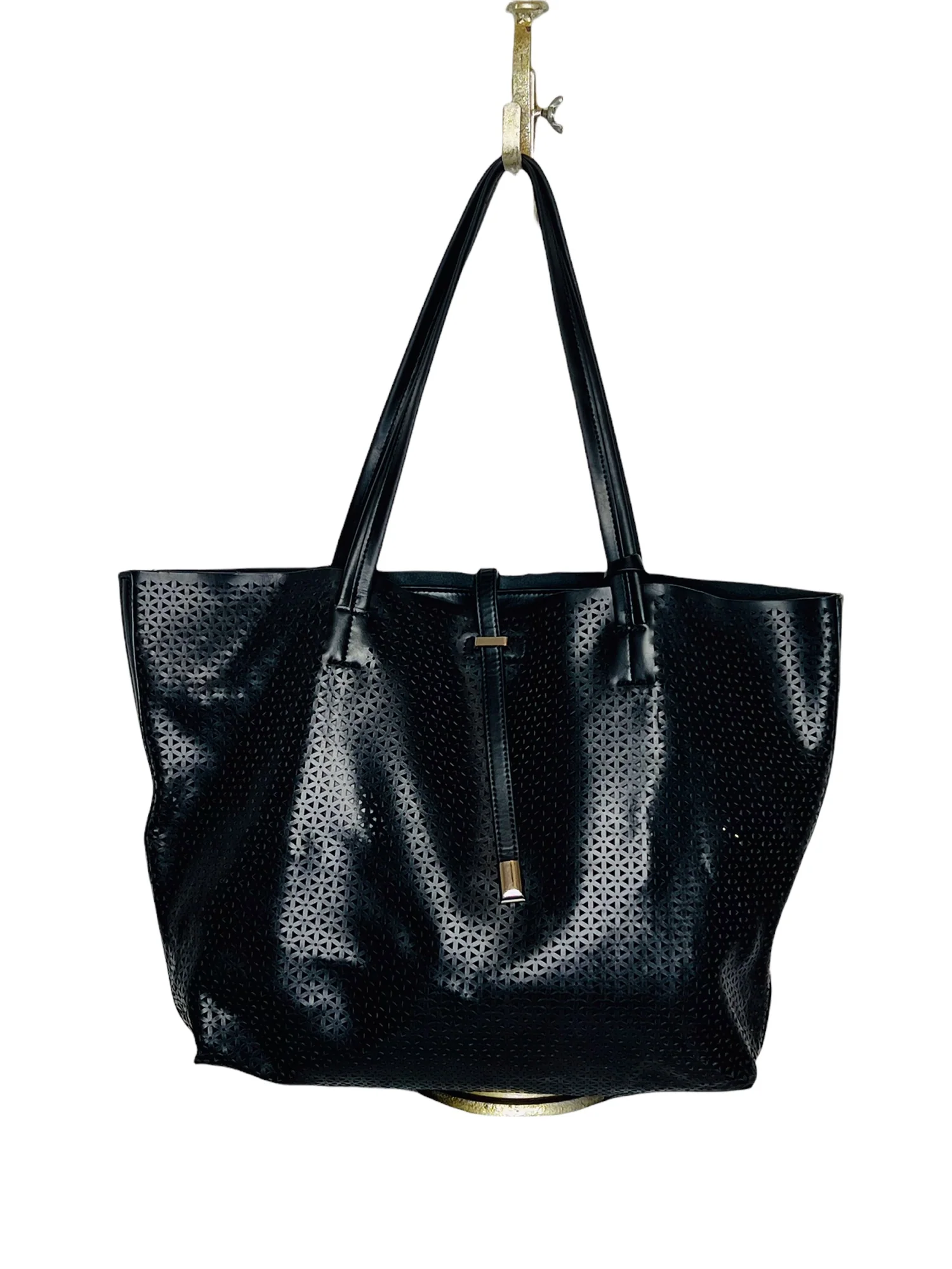 Leila Perforated Leather Shopper Tote Bag Black 18. 5” X 12. 5” Euc by Vince Camuto - Image 2