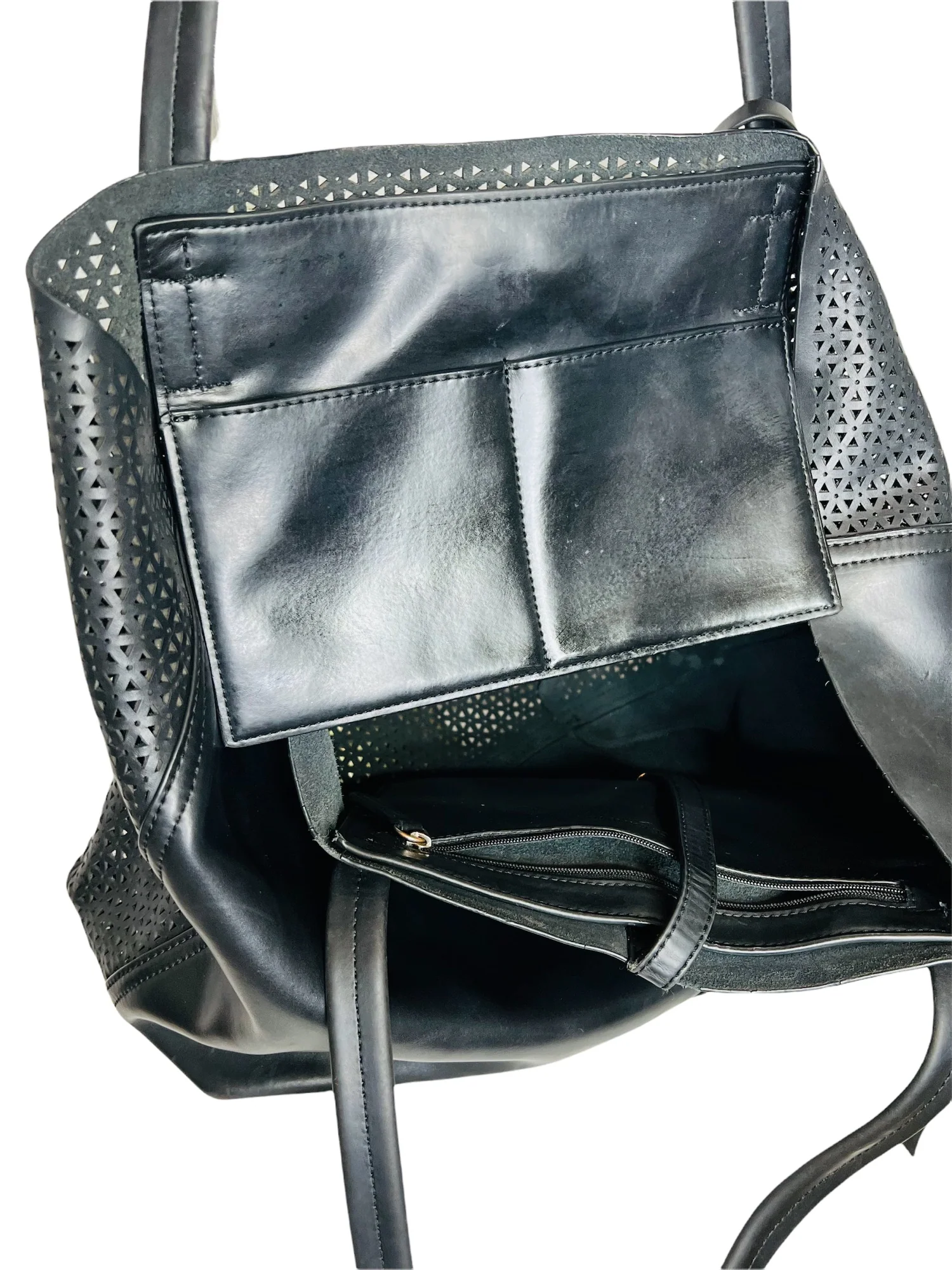 Leila Perforated Leather Shopper Tote Bag Black 18. 5” X 12. 5” Euc by Vince Camuto - Image 8