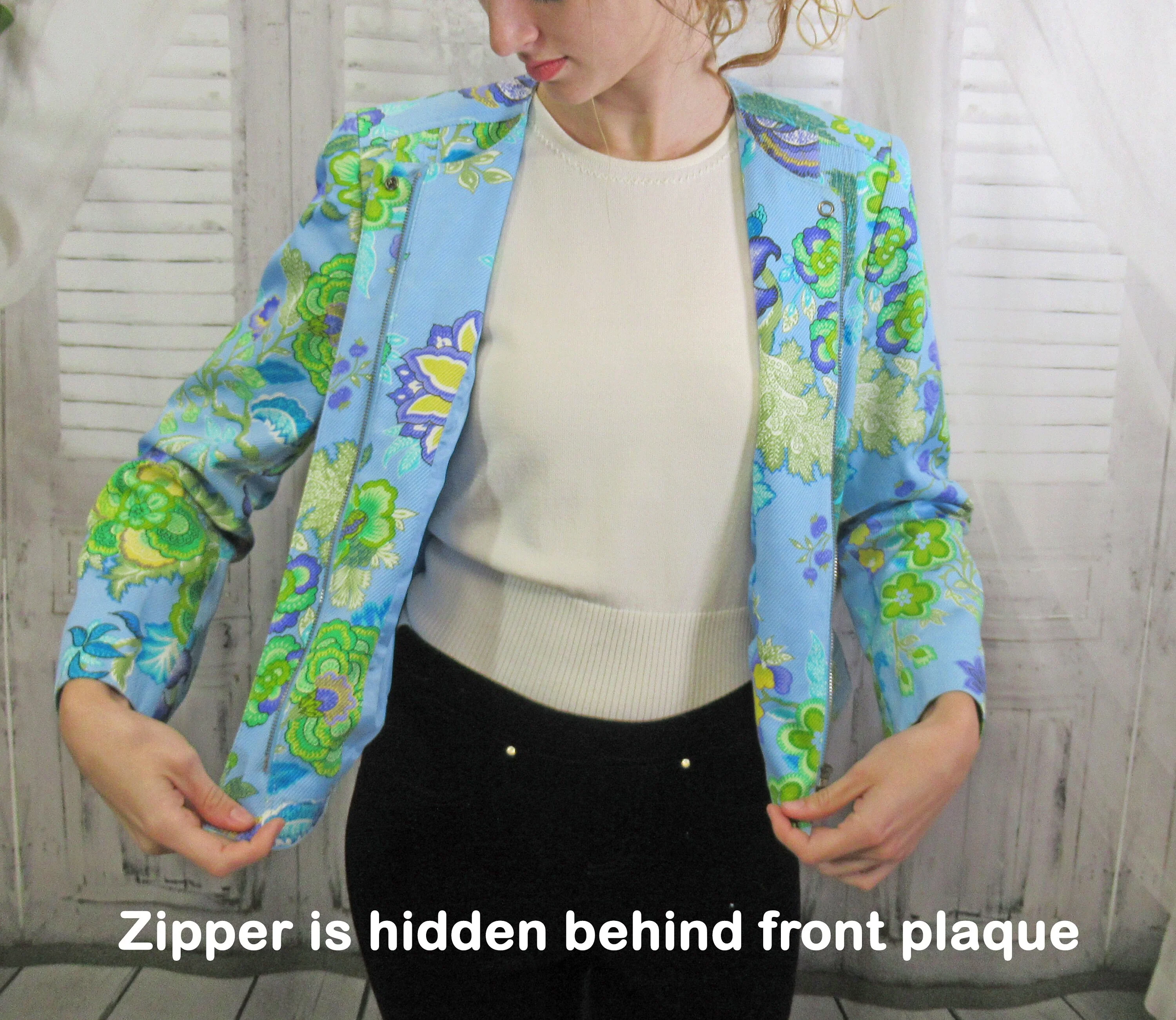 Length Blazer 6 Carlisle Floral Print 100% Cotton Front Zipper Fully Lined In Acetate Made In Hong Kong Vintage by Carlisle - Image 6