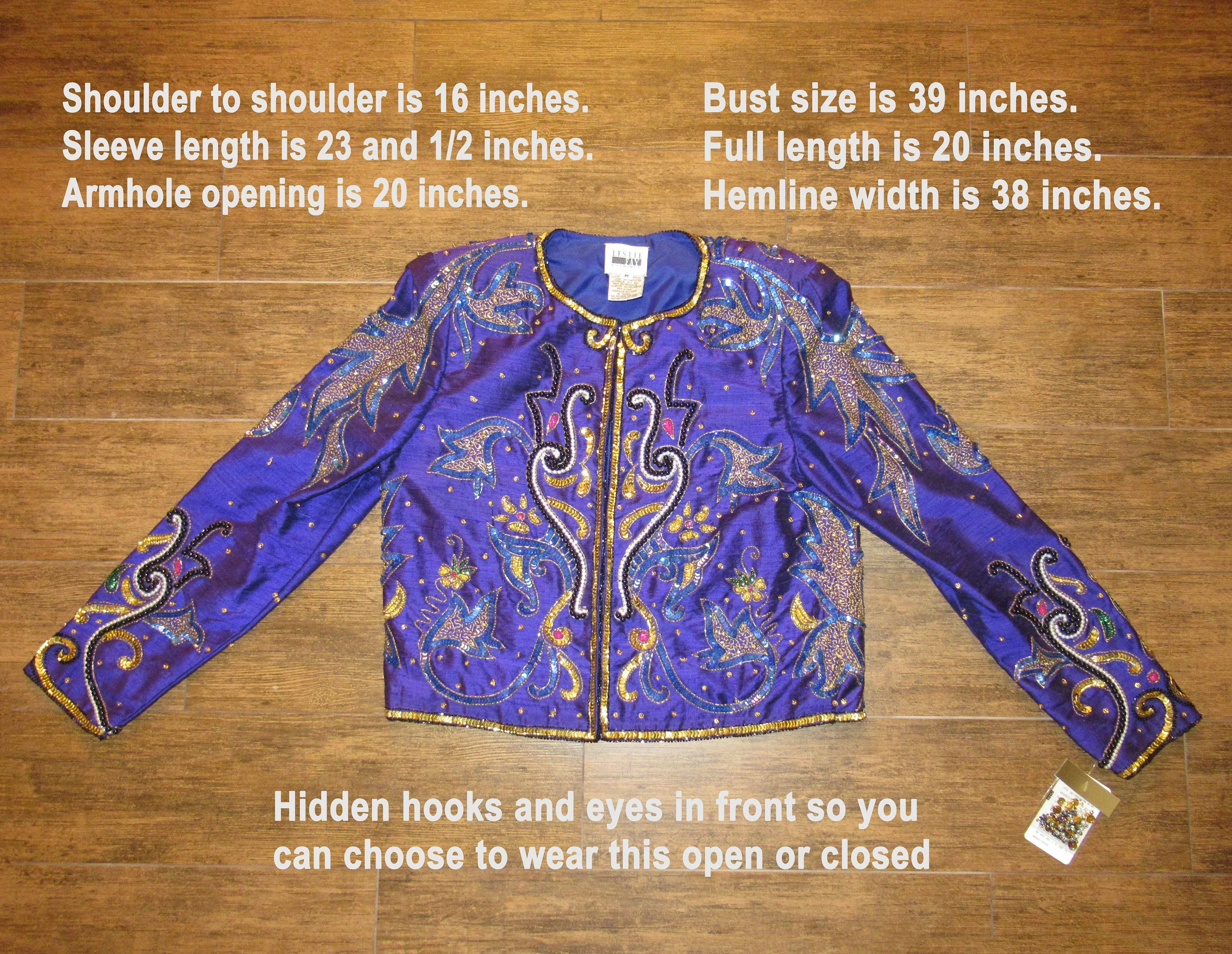 Length Blazer Leslie Fay Evenings Beaded Purplegoldblue 80s Glam Made In India Silk W Polyester Lining by Leslie Fay - Image 3