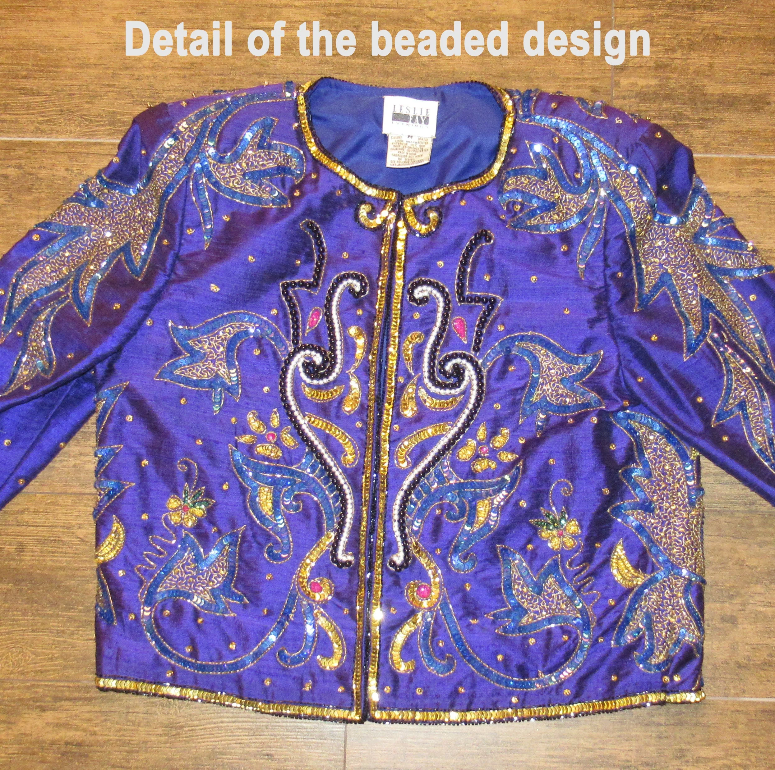 Length Blazer Leslie Fay Evenings Beaded Purplegoldblue 80s Glam Made In India Silk W Polyester Lining by Leslie Fay - Image 7