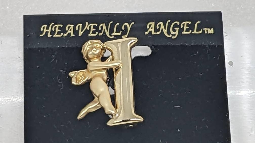 Letter I Vintage Goldtone Guardian Angel Plated Letter I Initial Pin by Heavenly Angel - Image 4