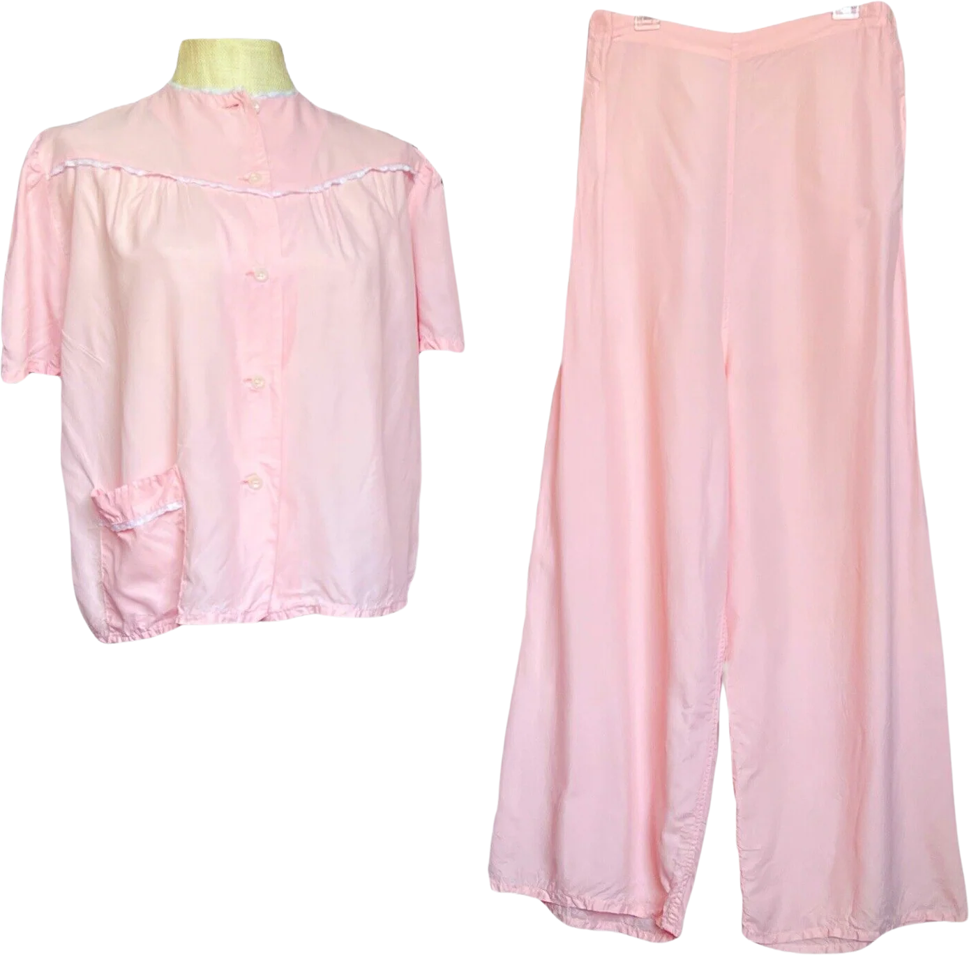 50s Bubble Gum Pink Nylon Pajamas Pjs Top Pants Set By Lewis Frimel