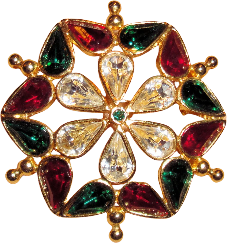 Lia Christmas Brooch Abstract Snowflake Design Red Green Clear Rhinestones 1 and 3/4 Inch Perfect for You Or a Gift Holiday Ready! Vtg