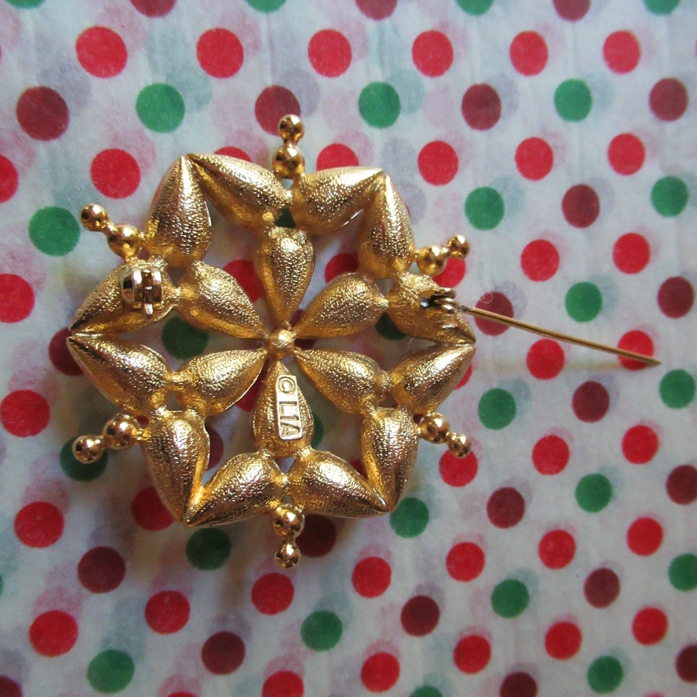 Lia Christmas Brooch Abstract Snowflake Design Red Green Clear Rhinestones 1 and 3/4 Inch Perfect for You Or a Gift Holiday Ready! Vtg - Image 10