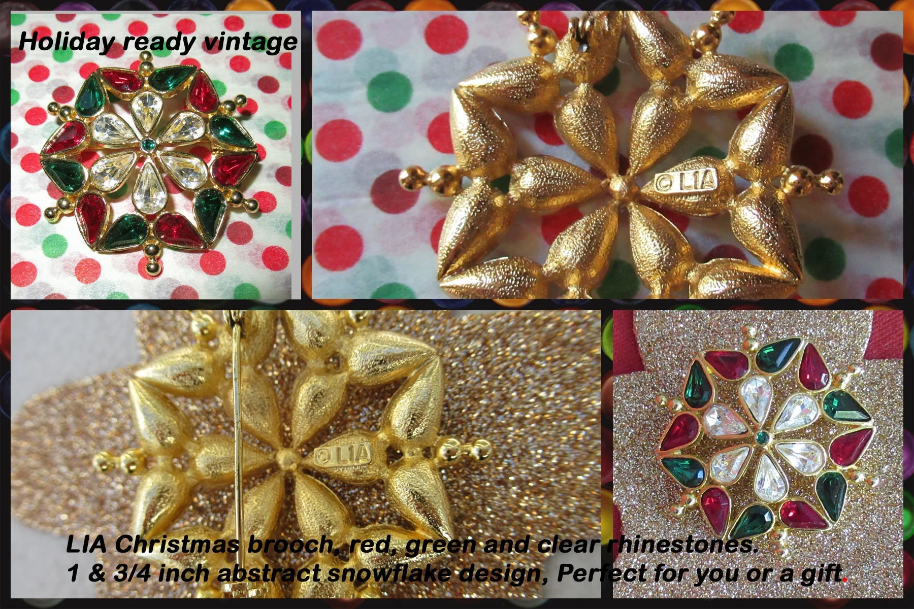 Lia Christmas Brooch Abstract Snowflake Design Red Green Clear Rhinestones 1 and 3/4 Inch Perfect for You Or a Gift Holiday Ready! Vtg - Image 3