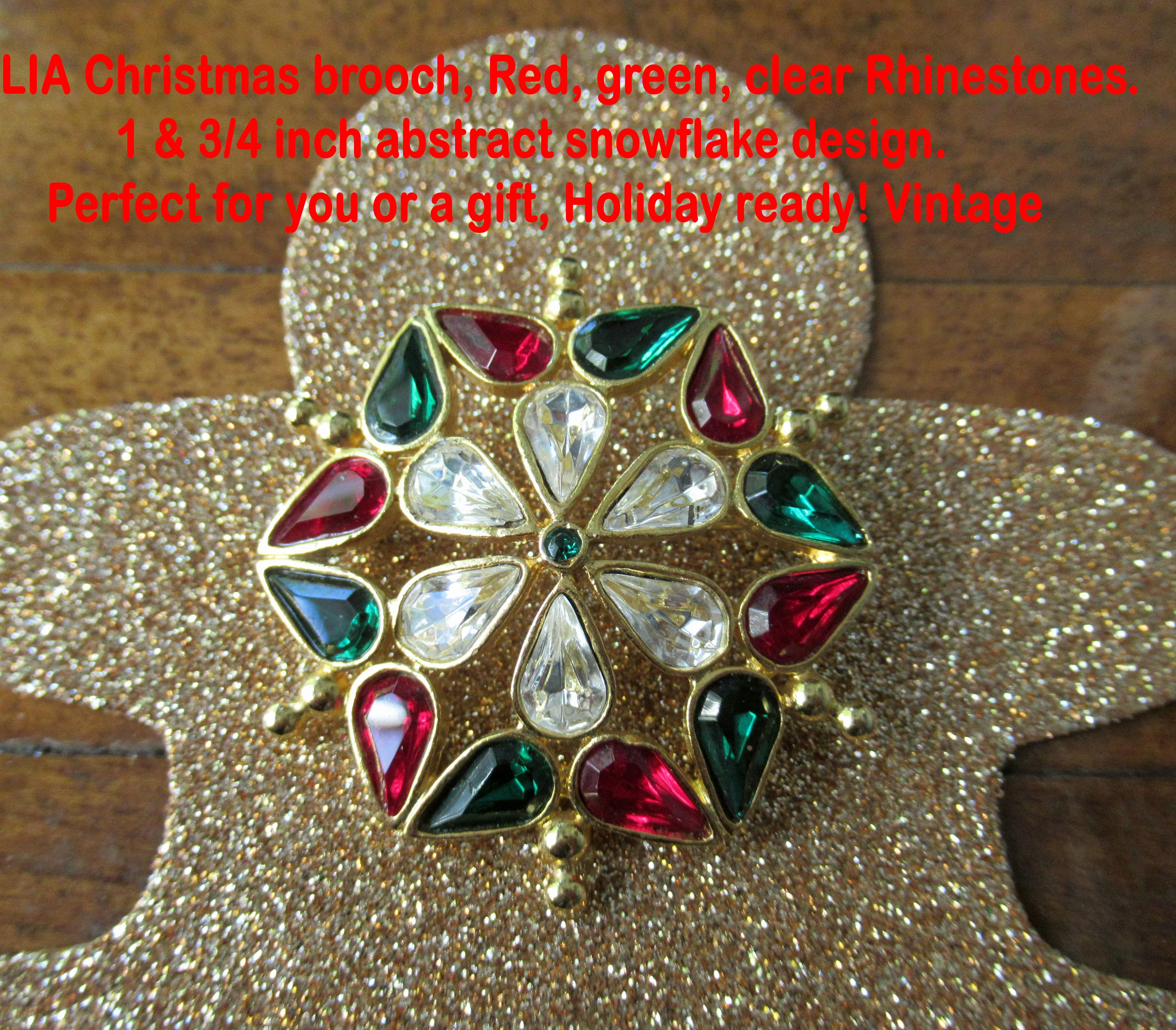 Lia Christmas Brooch Abstract Snowflake Design Red Green Clear Rhinestones 1 and 3/4 Inch Perfect for You Or a Gift Holiday Ready! Vtg - Image 5
