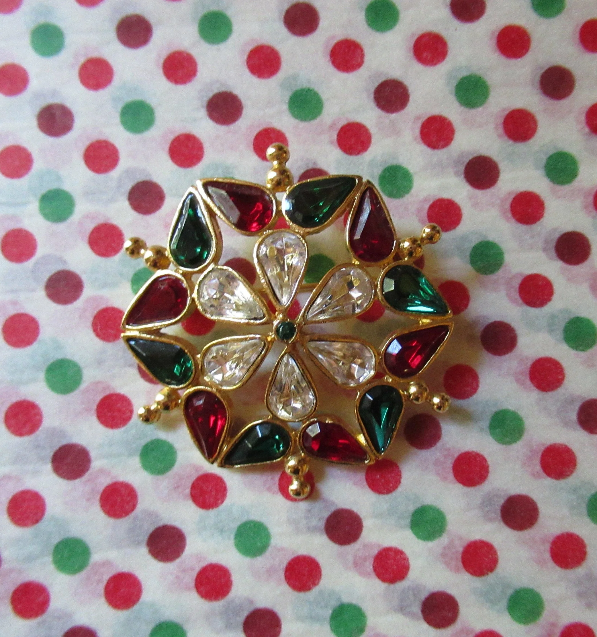 Lia Christmas Brooch Abstract Snowflake Design Red Green Clear Rhinestones 1 and 3/4 Inch Perfect for You Or a Gift Holiday Ready! Vtg - Image 6