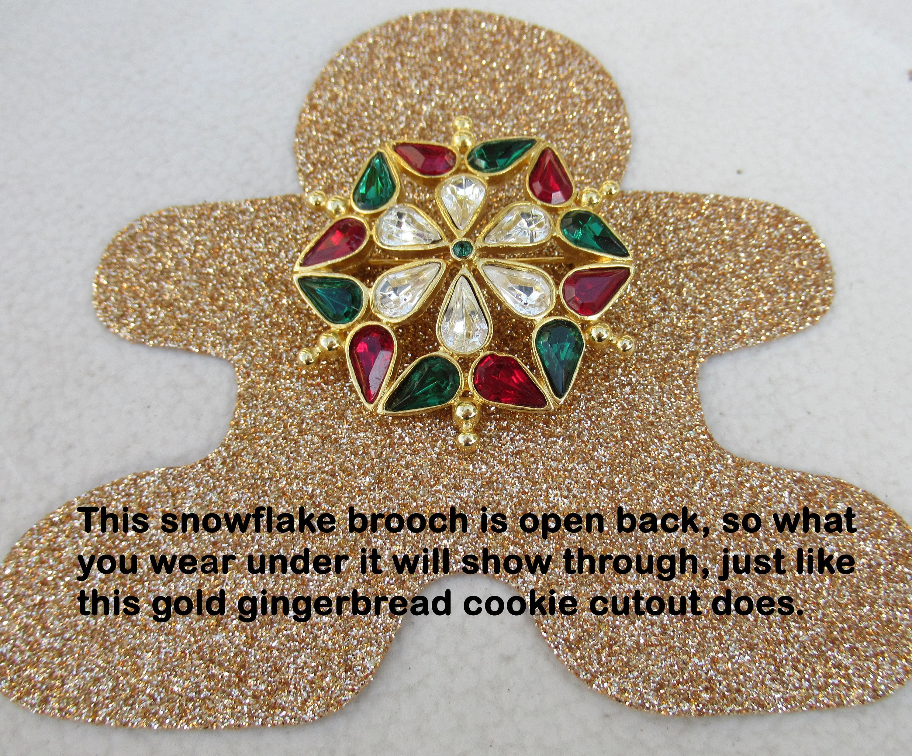 Lia Christmas Brooch Abstract Snowflake Design Red Green Clear Rhinestones 1 and 3/4 Inch Perfect for You Or a Gift Holiday Ready! Vtg - Image 7