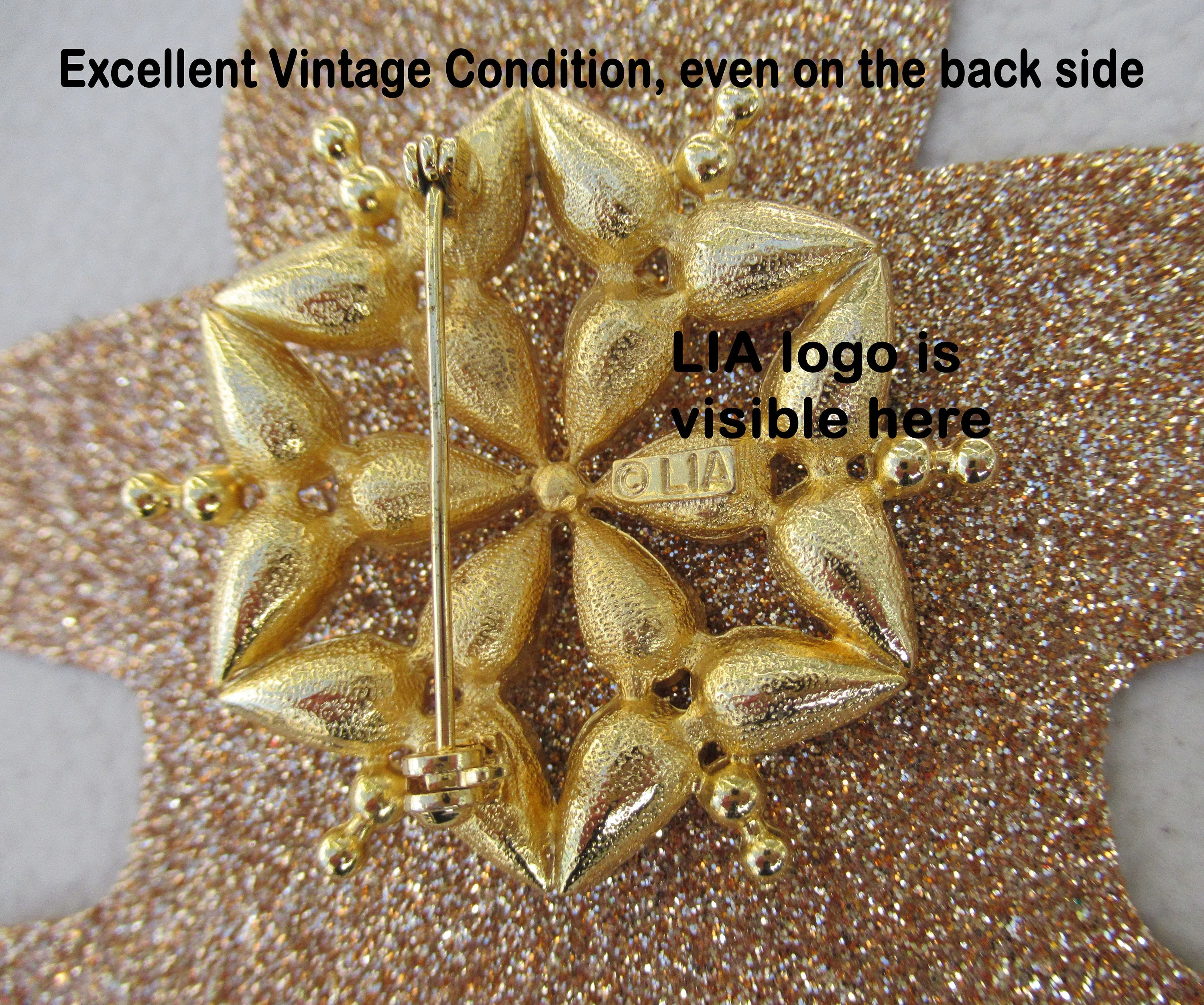 Lia Christmas Brooch Abstract Snowflake Design Red Green Clear Rhinestones 1 and 3/4 Inch Perfect for You Or a Gift Holiday Ready! Vtg - Image 8