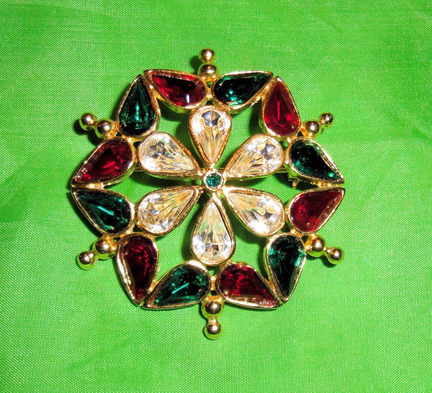 Lia Christmas Brooch Abstract Snowflake Design Red Green Clear Rhinestones 1 and 3/4 Inch Perfect for You Or a Gift Holiday Ready! Vtg - Image 9