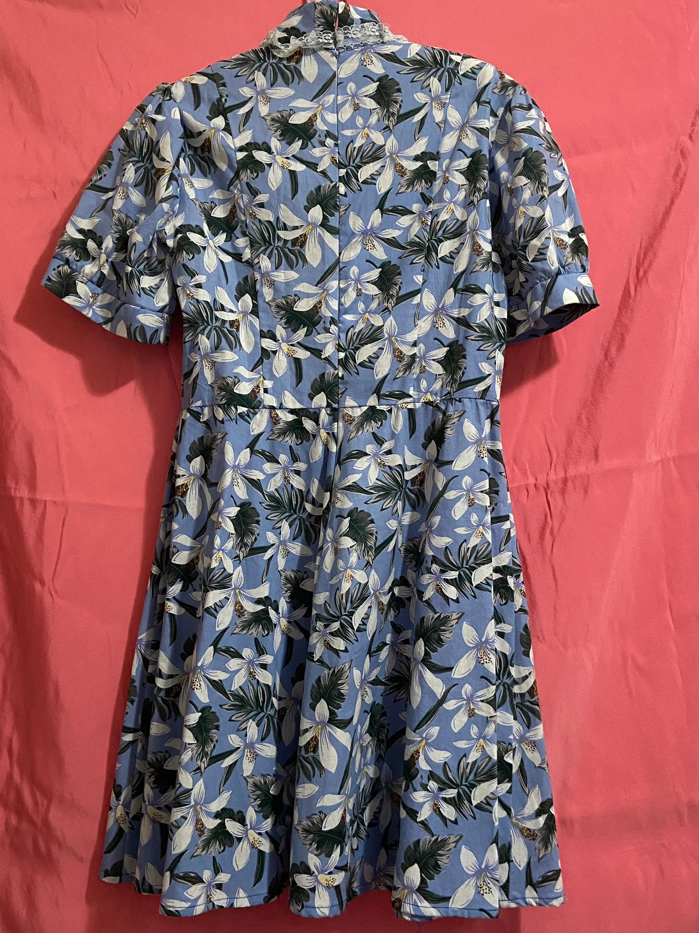 Light Blue with White Lily Floral Print Puff Sleeve Mock Neck Mini Dress by  Cobbler's Lane - Image 2
