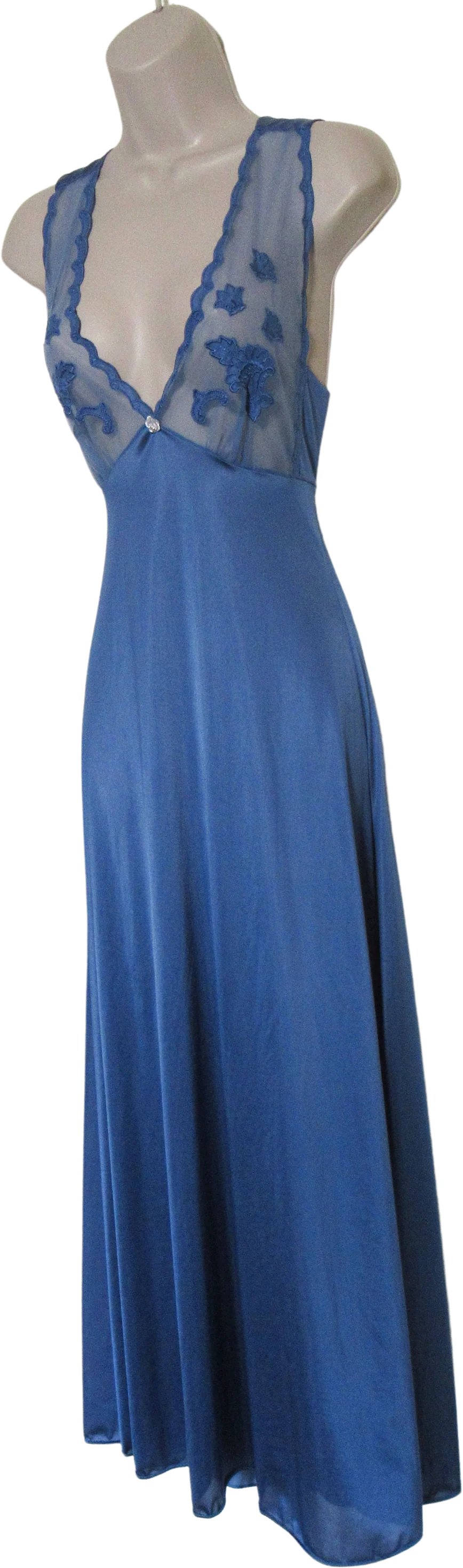 Lily of France Rosa Puleoszule Nightgown Blue Nylon Deep V Bodice Back Straps Crisscross by Lily Of France