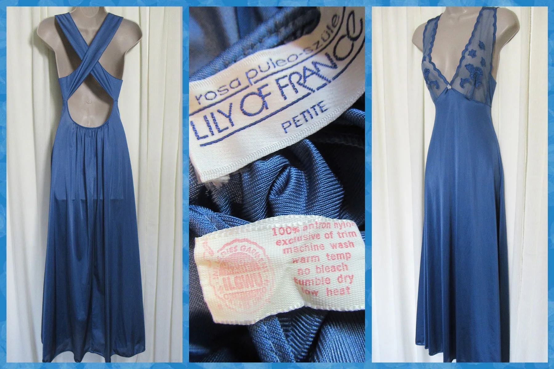 Lily of France Rosa Puleoszule Nightgown Blue Nylon Deep V Bodice Back Straps Crisscross by Lily Of France - Image 2
