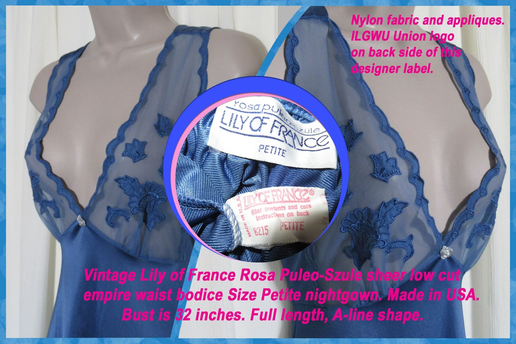 Lily of France Rosa Puleoszule Nightgown Blue Nylon Deep V Bodice Back Straps Crisscross by Lily Of France - Image 3