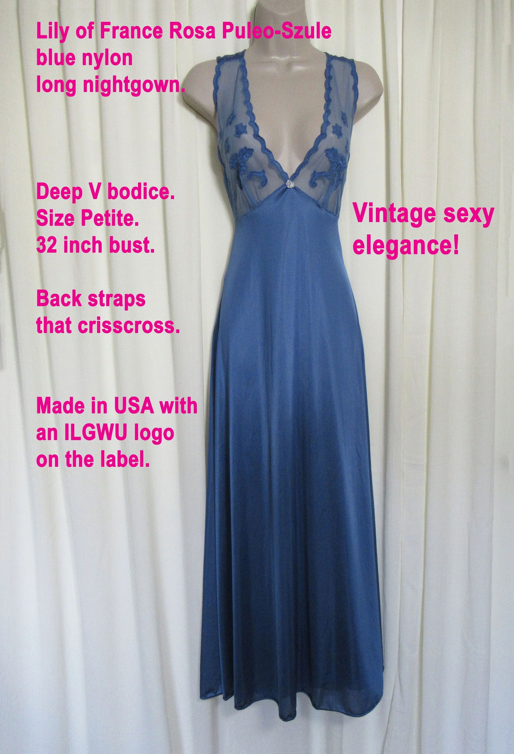 Lily of France Rosa Puleoszule Nightgown Blue Nylon Deep V Bodice Back Straps Crisscross by Lily Of France - Image 4