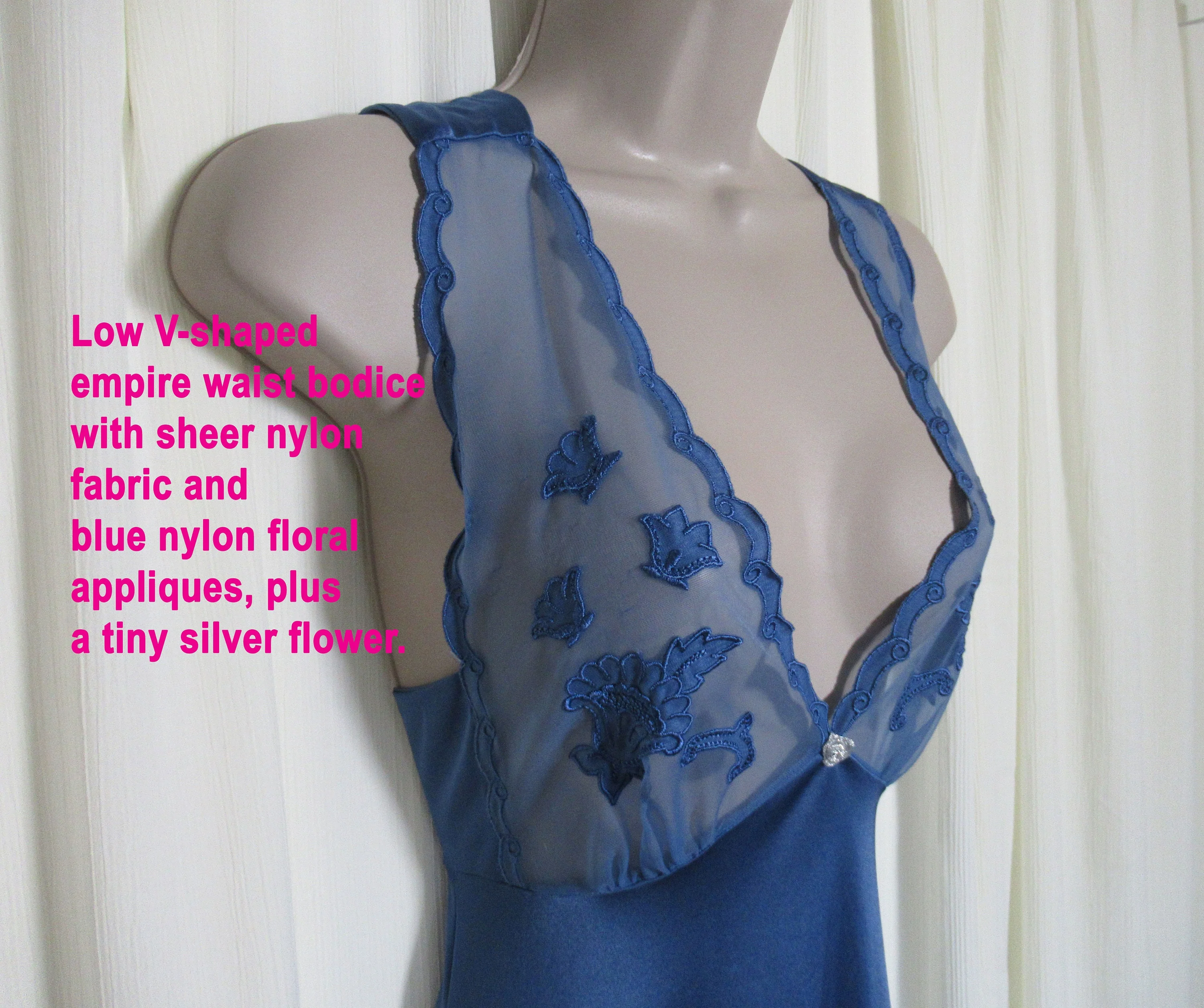 Lily of France Rosa Puleoszule Nightgown Blue Nylon Deep V Bodice Back Straps Crisscross by Lily Of France - Image 5