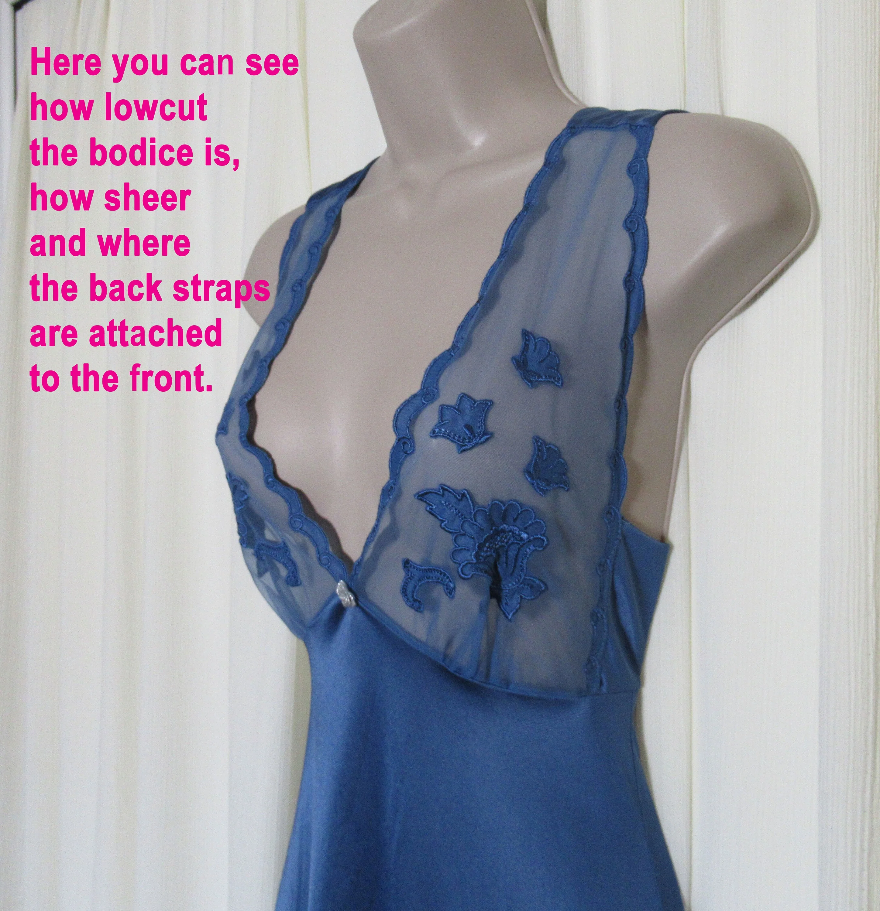 Lily of France Rosa Puleoszule Nightgown Blue Nylon Deep V Bodice Back Straps Crisscross by Lily Of France - Image 6