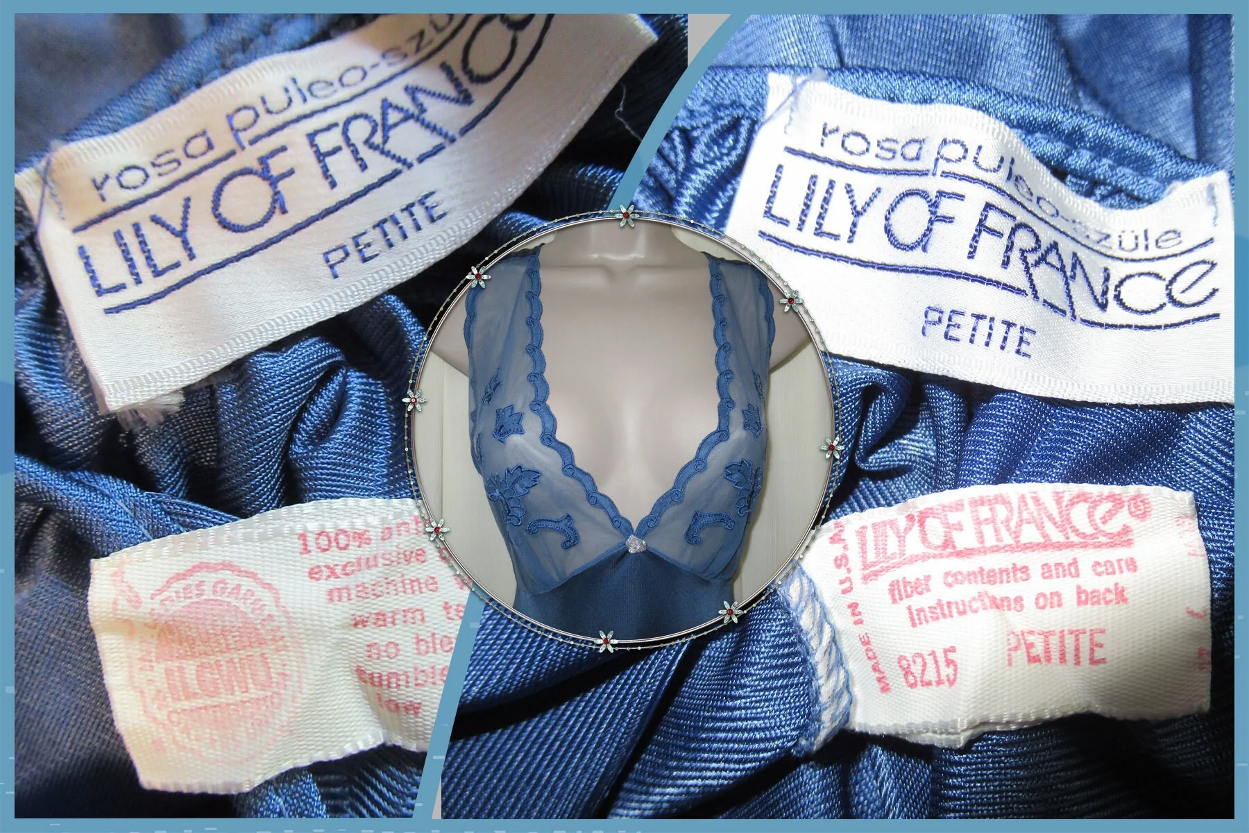 Lily of France Rosa Puleoszule Nightgown Blue Nylon Deep V Bodice Back Straps Crisscross by Lily Of France - Image 8