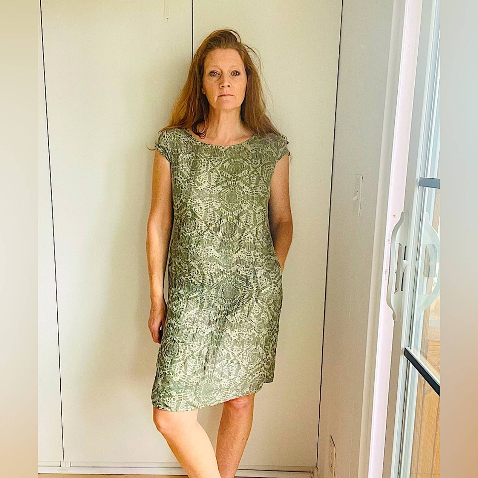 Lina Tomei Linen Printed Mini Dress Loungewear Travel Green Medium Made In Italy by Lina Tomei - Image 2