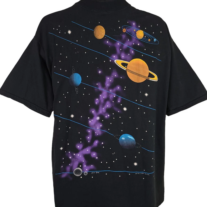 Liquid Blue Solar System T-Shirt Vintage 90s Outer Space Planets All Over Print Made In Usa Mens Size Xl - Image 4