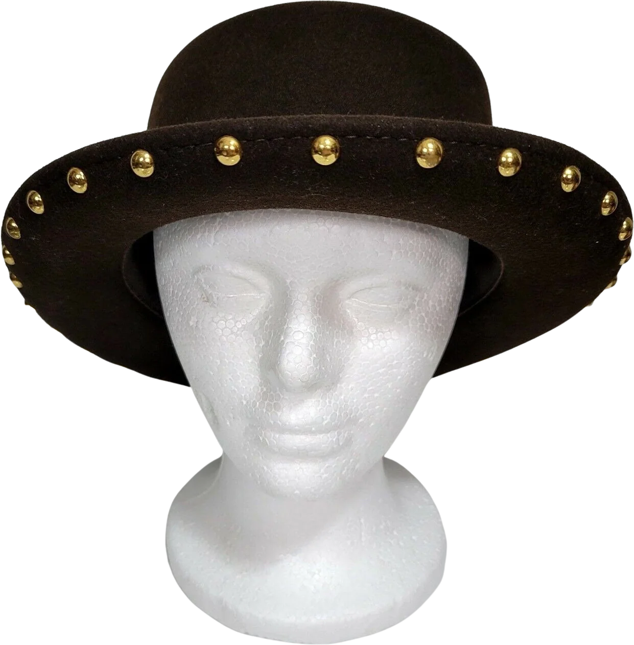 Lite Felt Ladies Wool Brown Rolled Up Brim Kettle Hat Gold Studded Embellished by Lite Felt