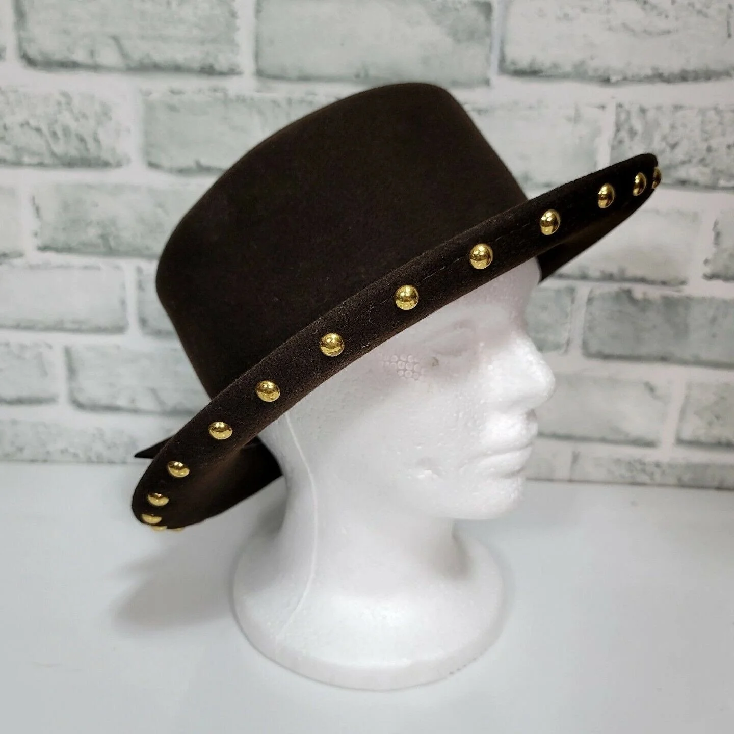 Lite Felt Ladies Wool Brown Rolled Up Brim Kettle Hat Gold Studded Embellished by Lite Felt - Image 2