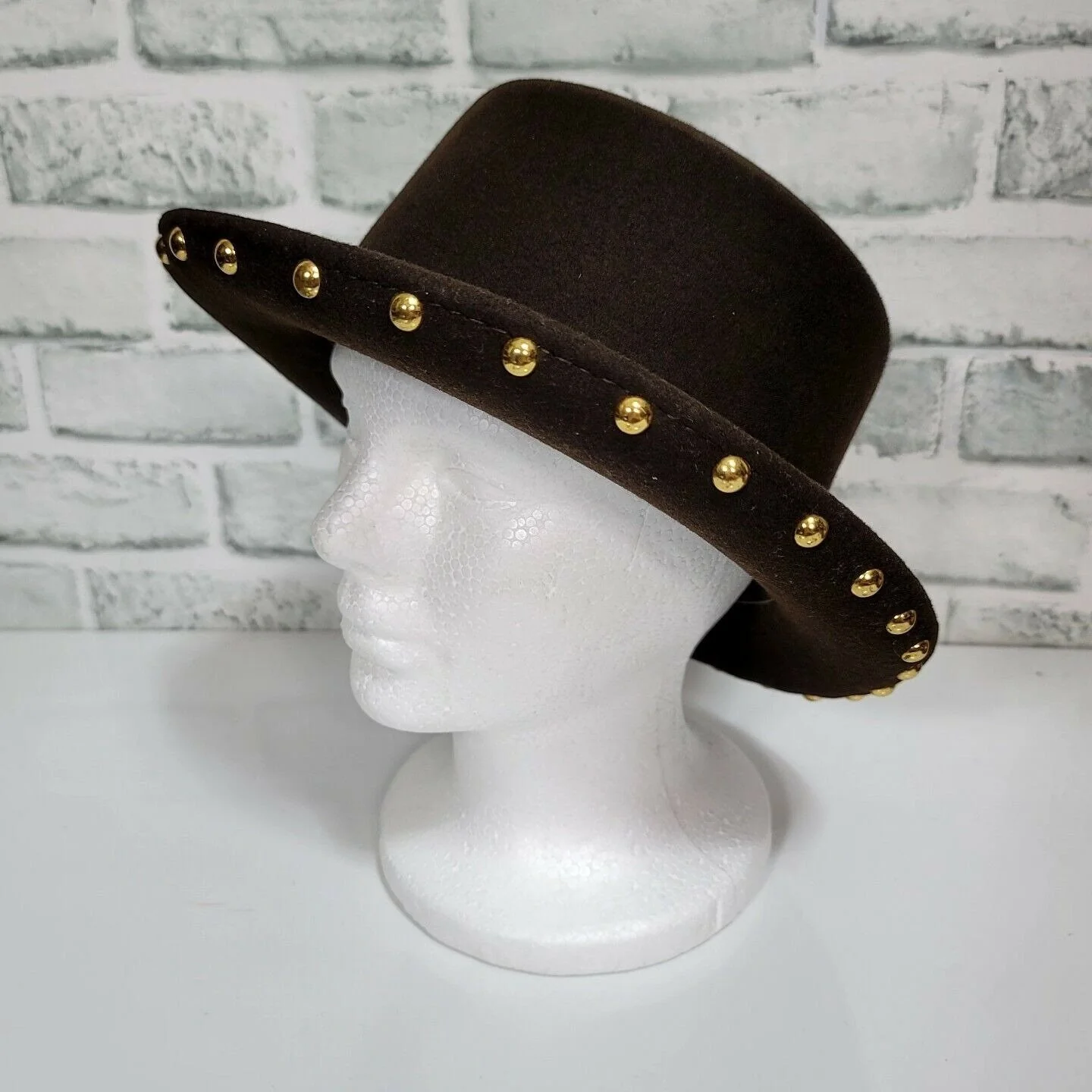Lite Felt Ladies Wool Brown Rolled Up Brim Kettle Hat Gold Studded Embellished by Lite Felt - Image 3