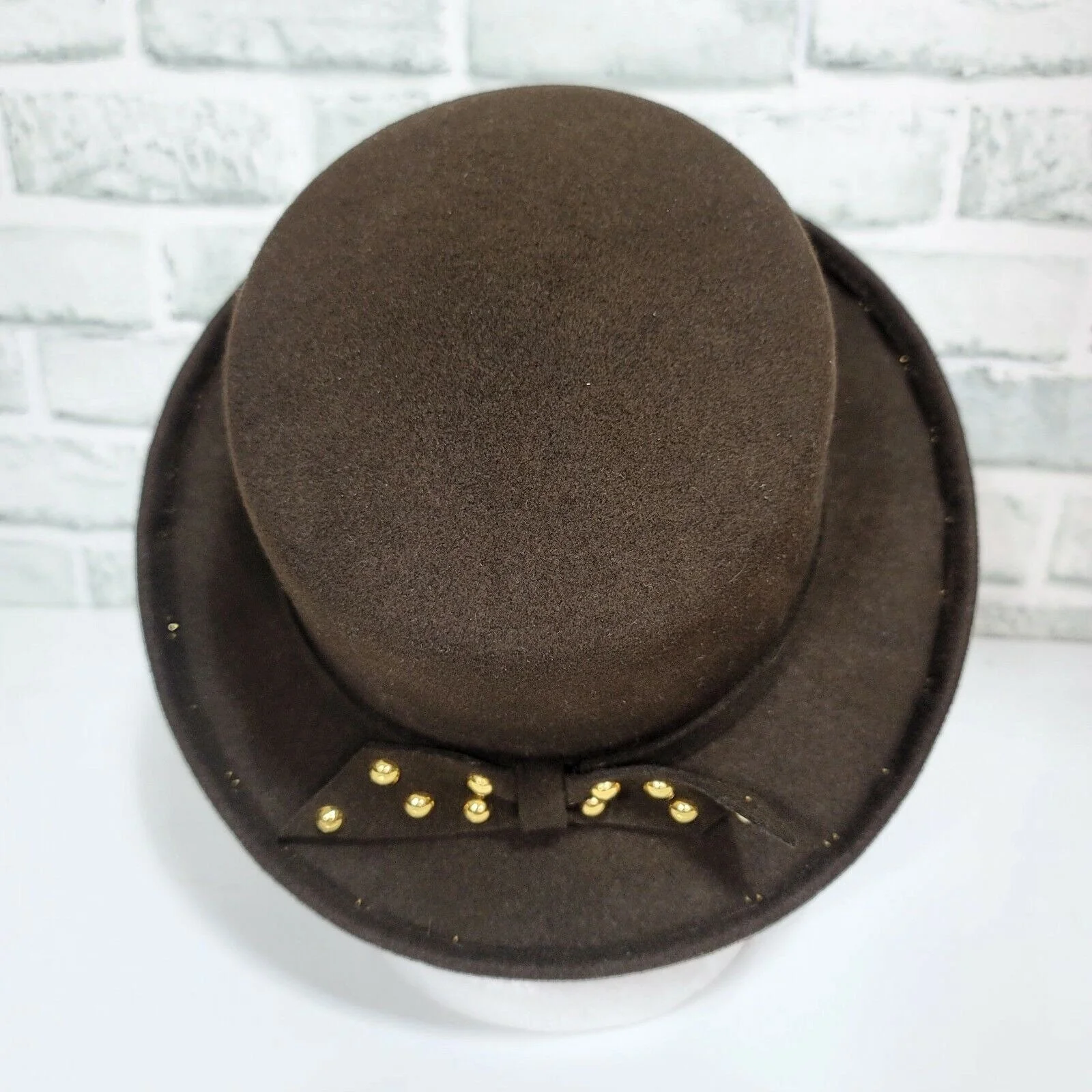 Lite Felt Ladies Wool Brown Rolled Up Brim Kettle Hat Gold Studded Embellished by Lite Felt - Image 4