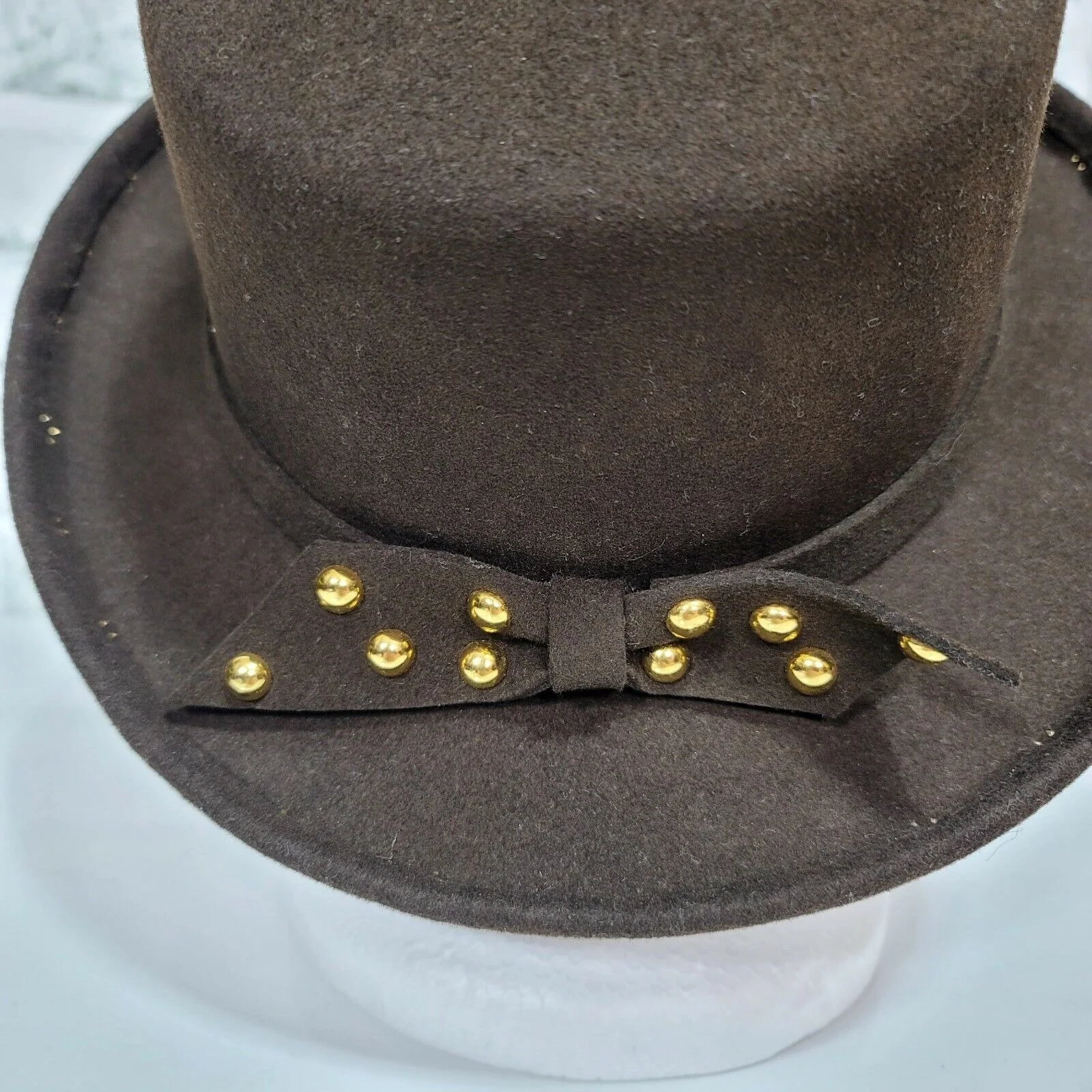 Lite Felt Ladies Wool Brown Rolled Up Brim Kettle Hat Gold Studded Embellished by Lite Felt - Image 5