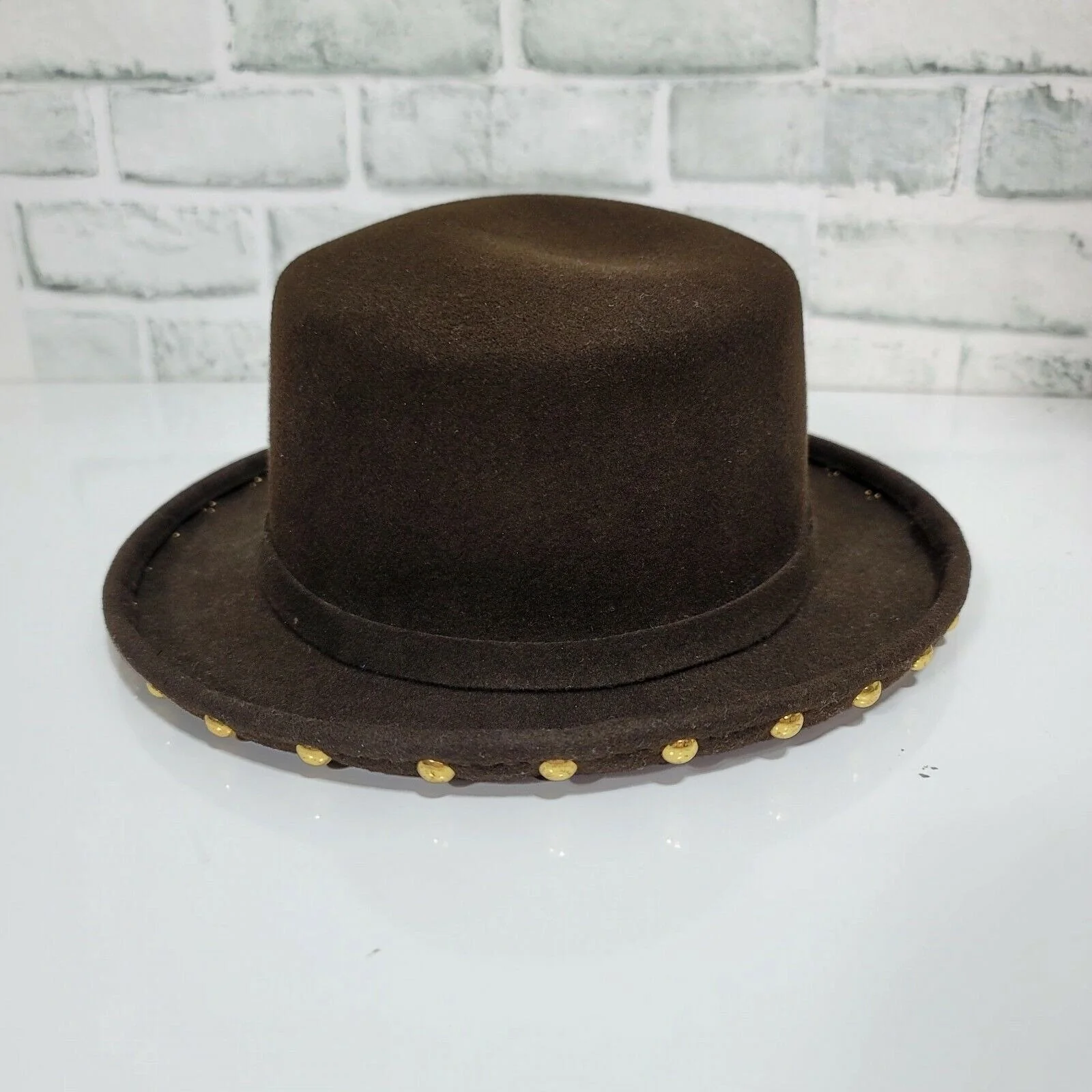 Lite Felt Ladies Wool Brown Rolled Up Brim Kettle Hat Gold Studded Embellished by Lite Felt - Image 6