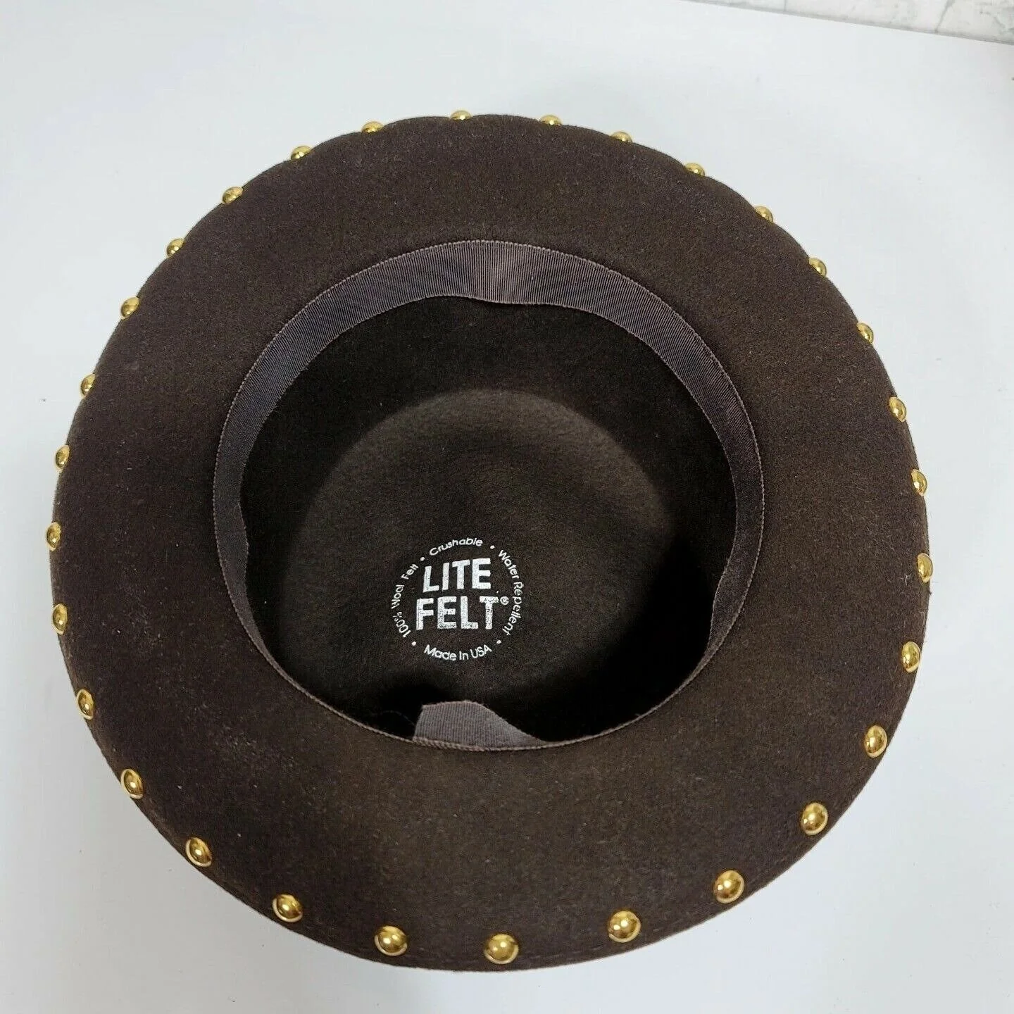 Lite Felt Ladies Wool Brown Rolled Up Brim Kettle Hat Gold Studded Embellished by Lite Felt - Image 7