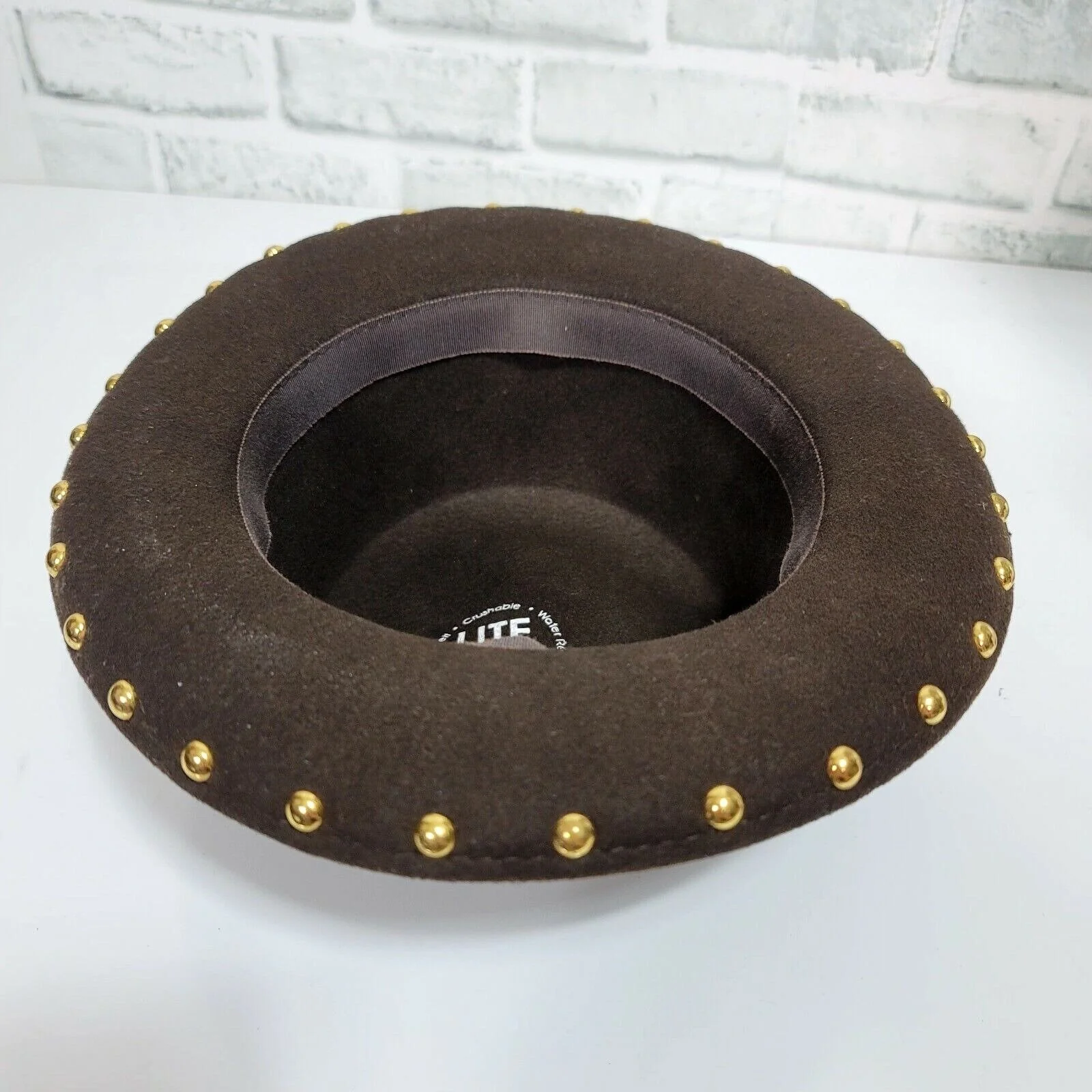 Lite Felt Ladies Wool Brown Rolled Up Brim Kettle Hat Gold Studded Embellished by Lite Felt - Image 8