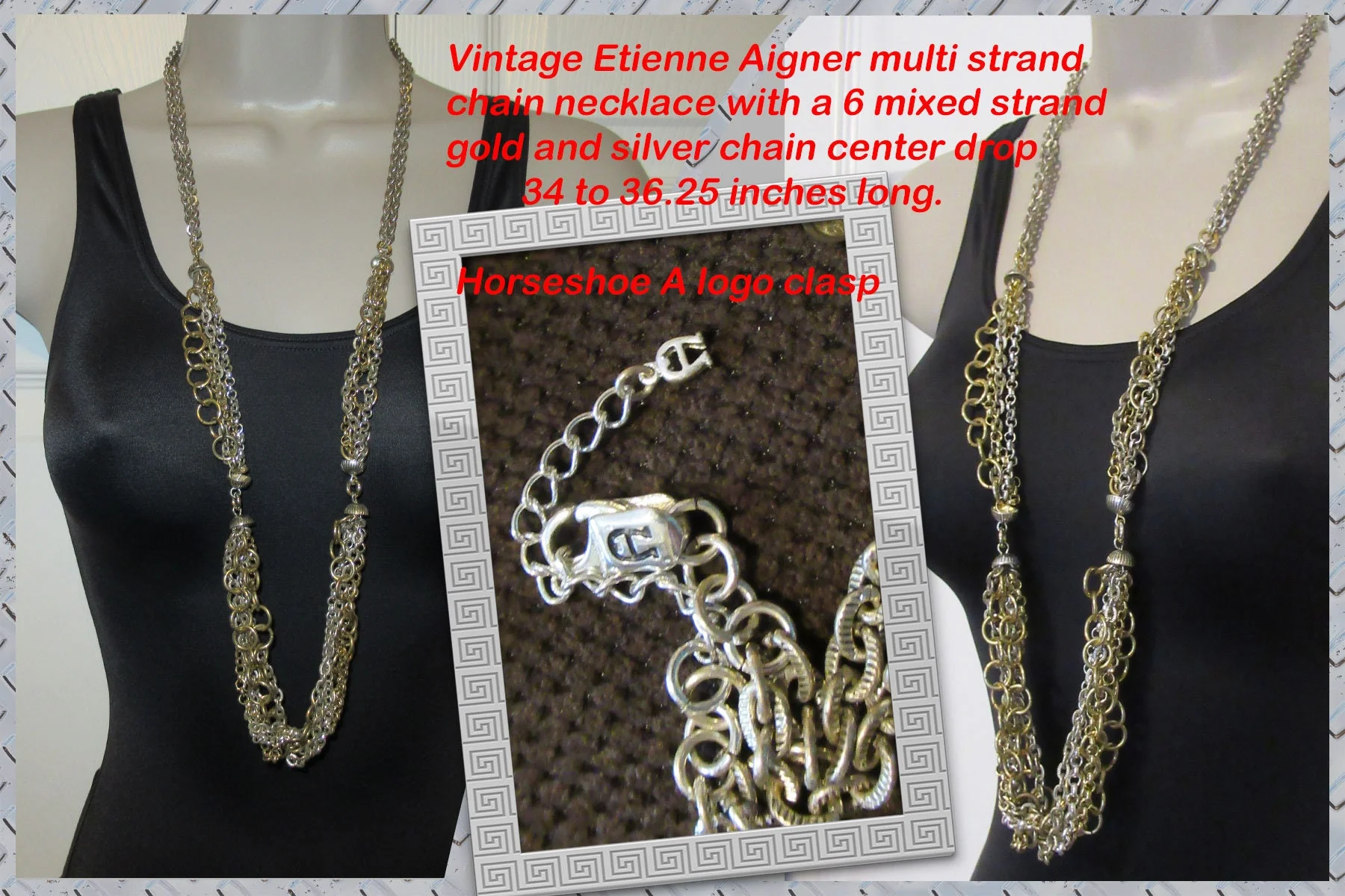 Long Necklace 6 Mixed Gold and Silver Metal Chains 34 To 36. 25 Inches Long Horseshoe a Logo Clasp Vtg Chain Style Chic by Etienne Aigner - Image 2