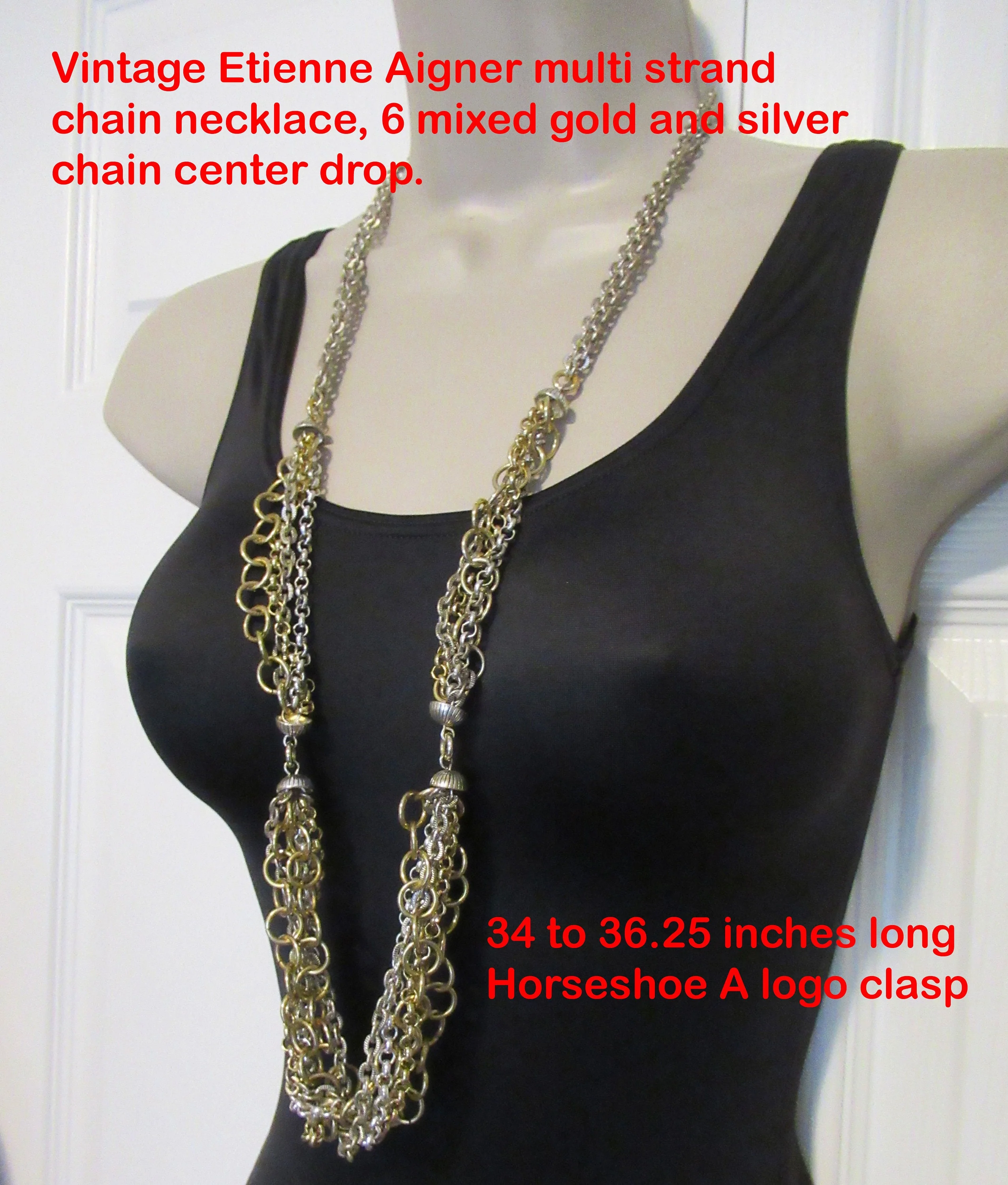 Long Necklace 6 Mixed Gold and Silver Metal Chains 34 To 36. 25 Inches Long Horseshoe a Logo Clasp Vtg Chain Style Chic by Etienne Aigner - Image 4