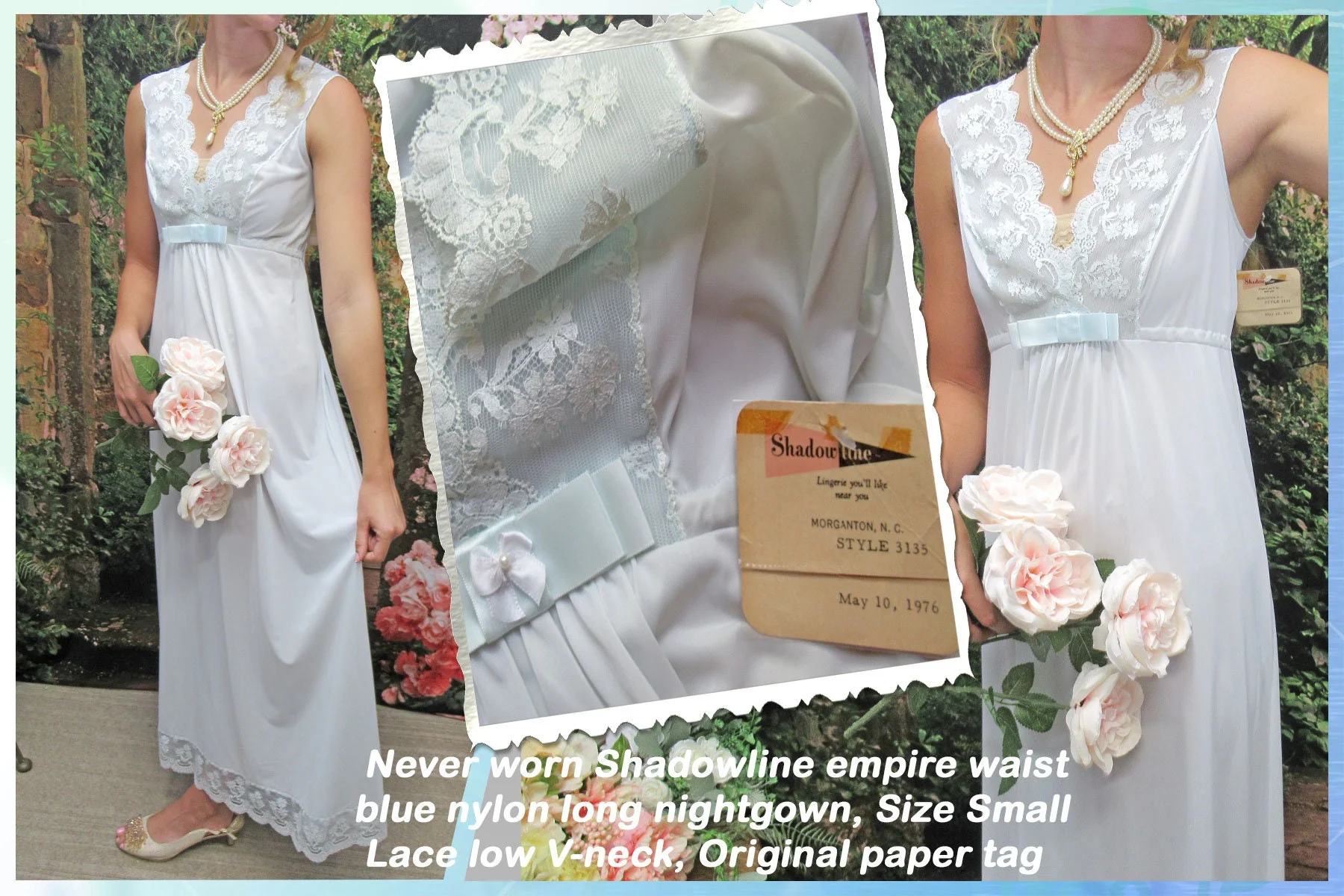 Long Nightgown Shadowline Empire Blue Nylon Lace Low V-Neck Yoke Original Paper Hang Tag Small by Shadowline - Image 3