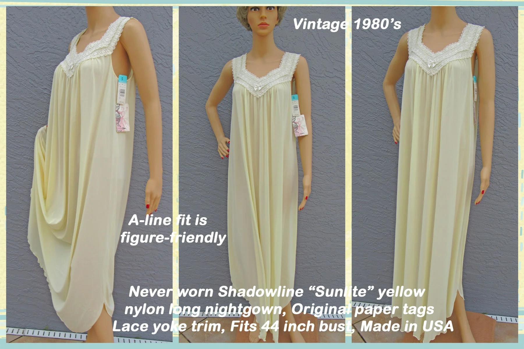Long Nightgown Shadowline Figure Friendly Fit Sunlite Yellow Nylon S Lace Yoke Trim Vintage by Shadowline - Image 8
