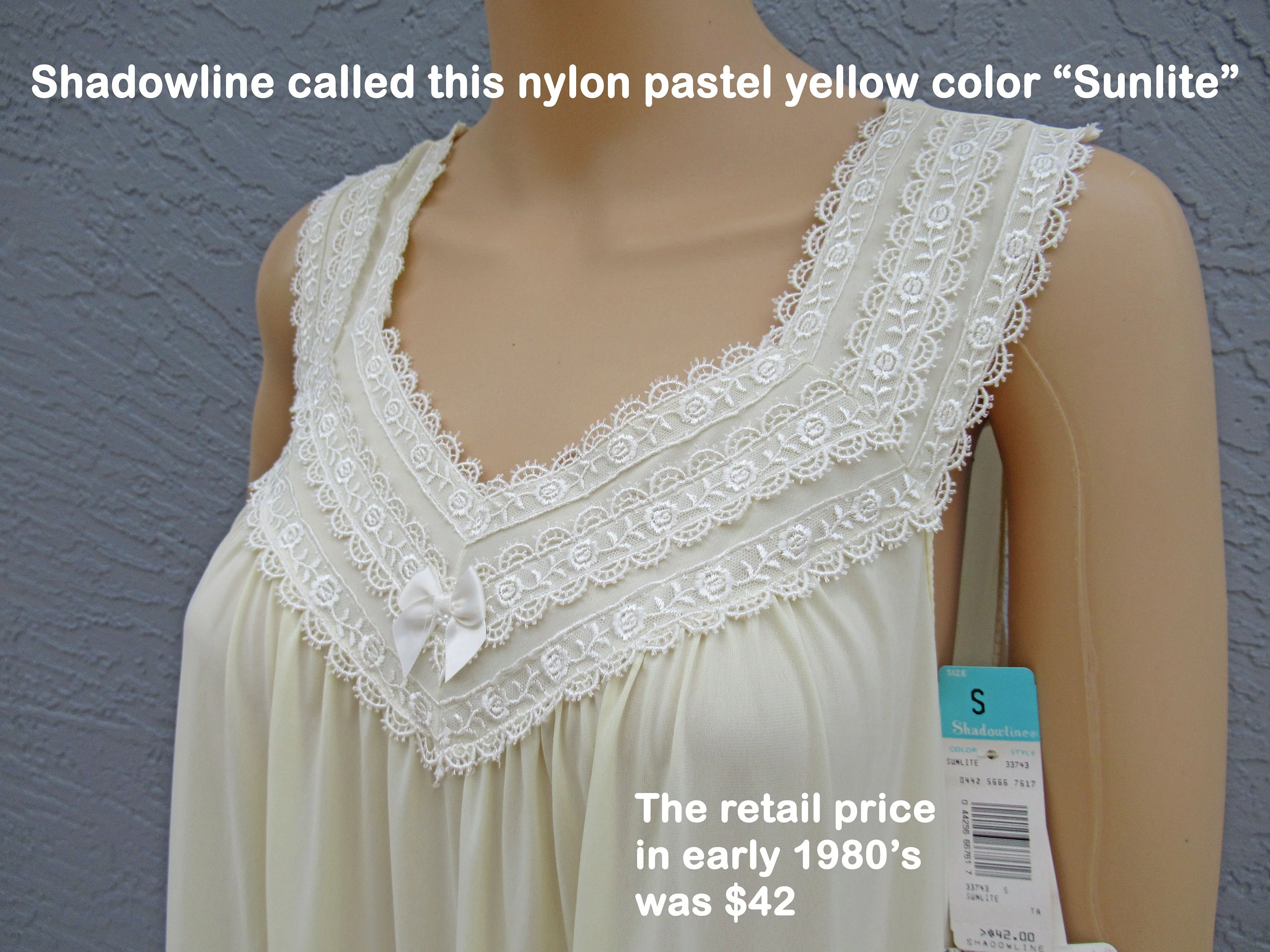 Long Nightgown Shadowline Figure Friendly Fit Sunlite Yellow Nylon S Lace Yoke Trim Vintage by Shadowline - Image 9