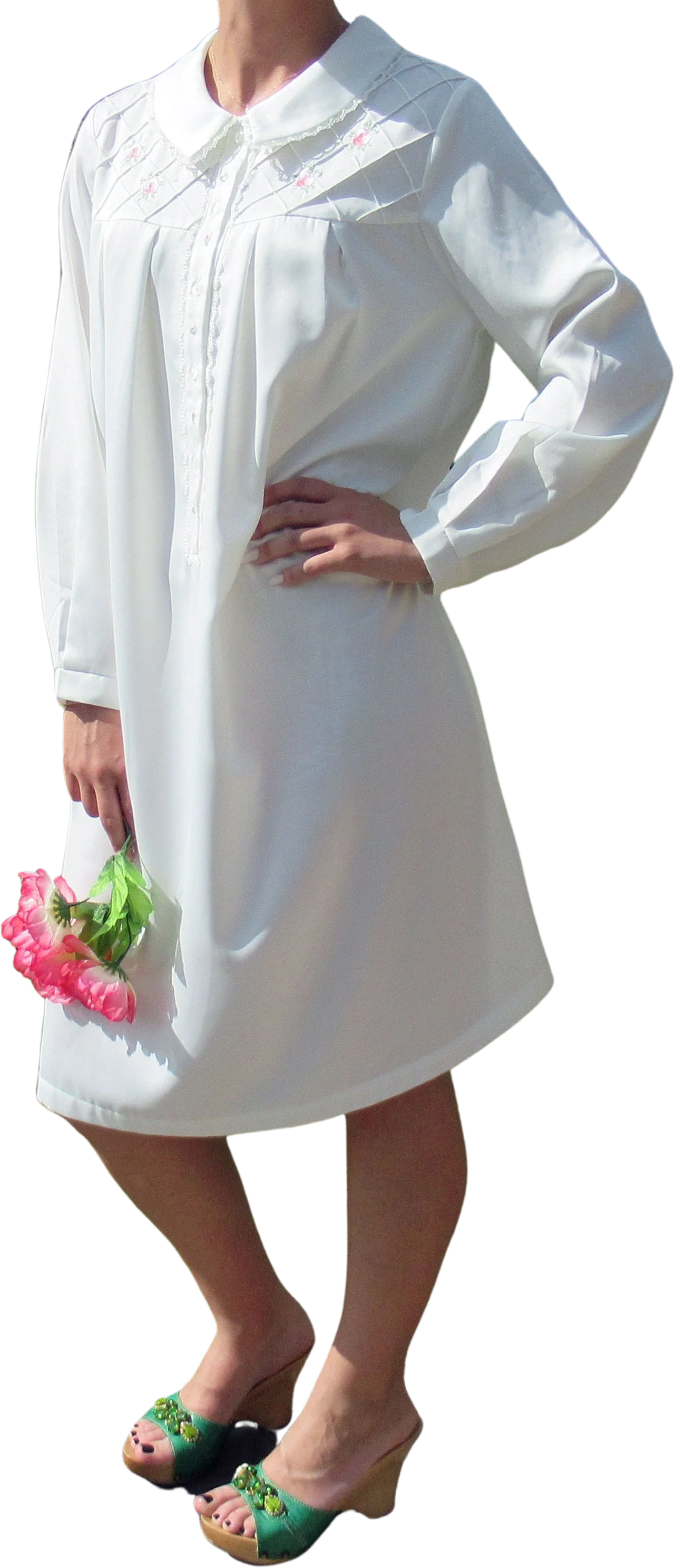 Long Sleeve Nightgown White W Collar Front Buttons Pink Embroidery Floral Trim Vintage