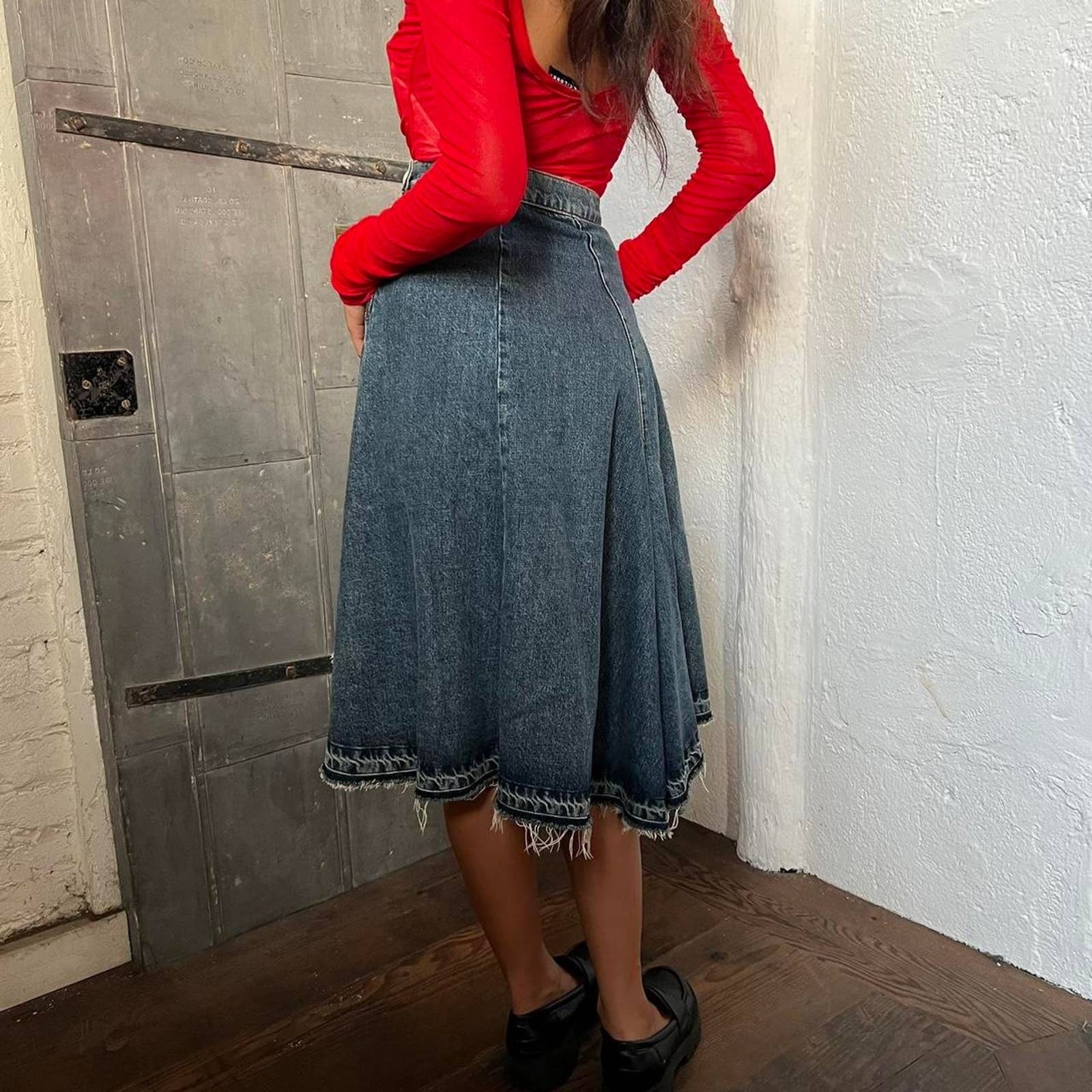 Longer Back Panelled Washed Denim Fringed Skirt by Marni - Image 2