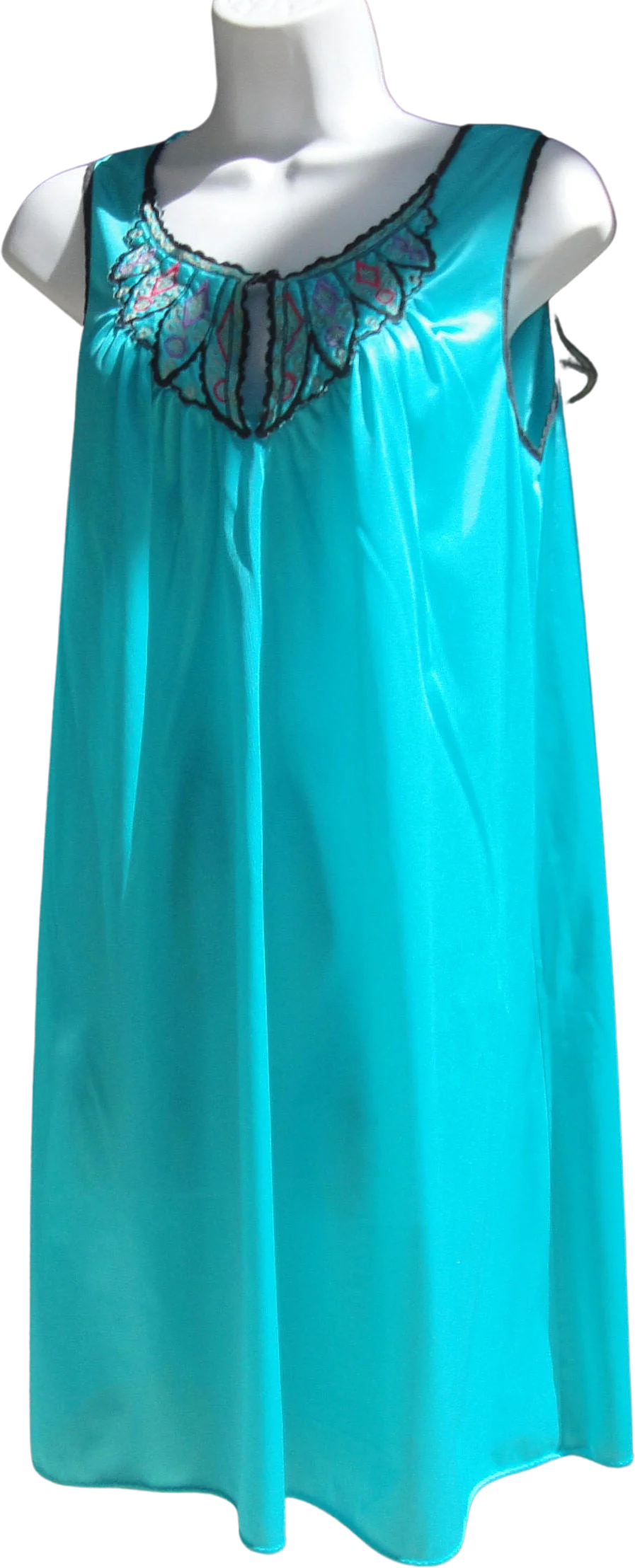 Lorraine Nightgown Sleeveless Bright Teal Nylon Quilted Yoke A-Line Black Piping Trim Knee Length Vintage by Lorraine
