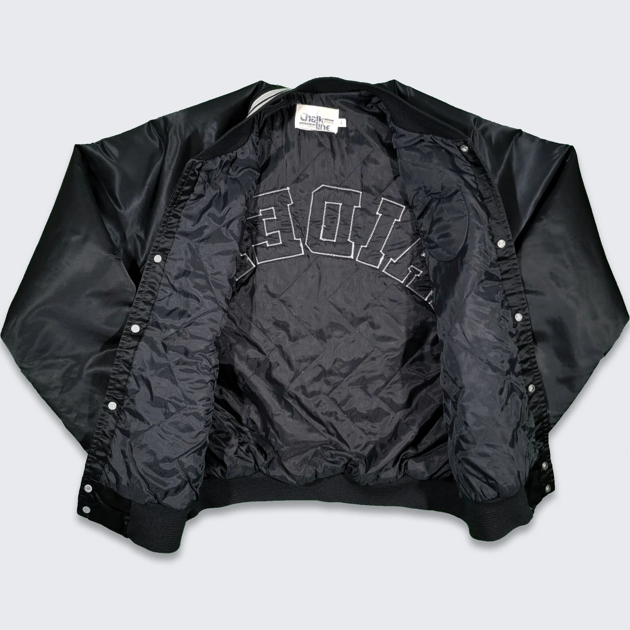 Los Angeles Raiders Vintage 80s Chalk Line Satin Bomber Jacket Nfl Football Black and Silver Coat Size Large by Chalk Line - Image 3