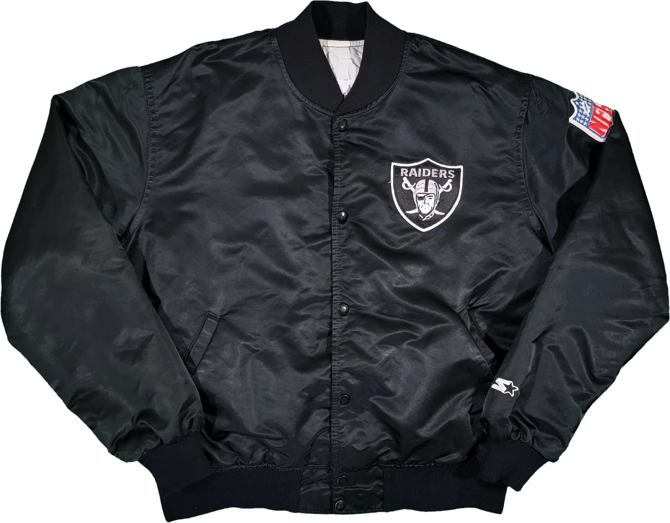 Los Angeles Raiders Vintage 80s Starter Satin Bomber Jacket Nfl Football Black and Silver Coat Size Large by Starter