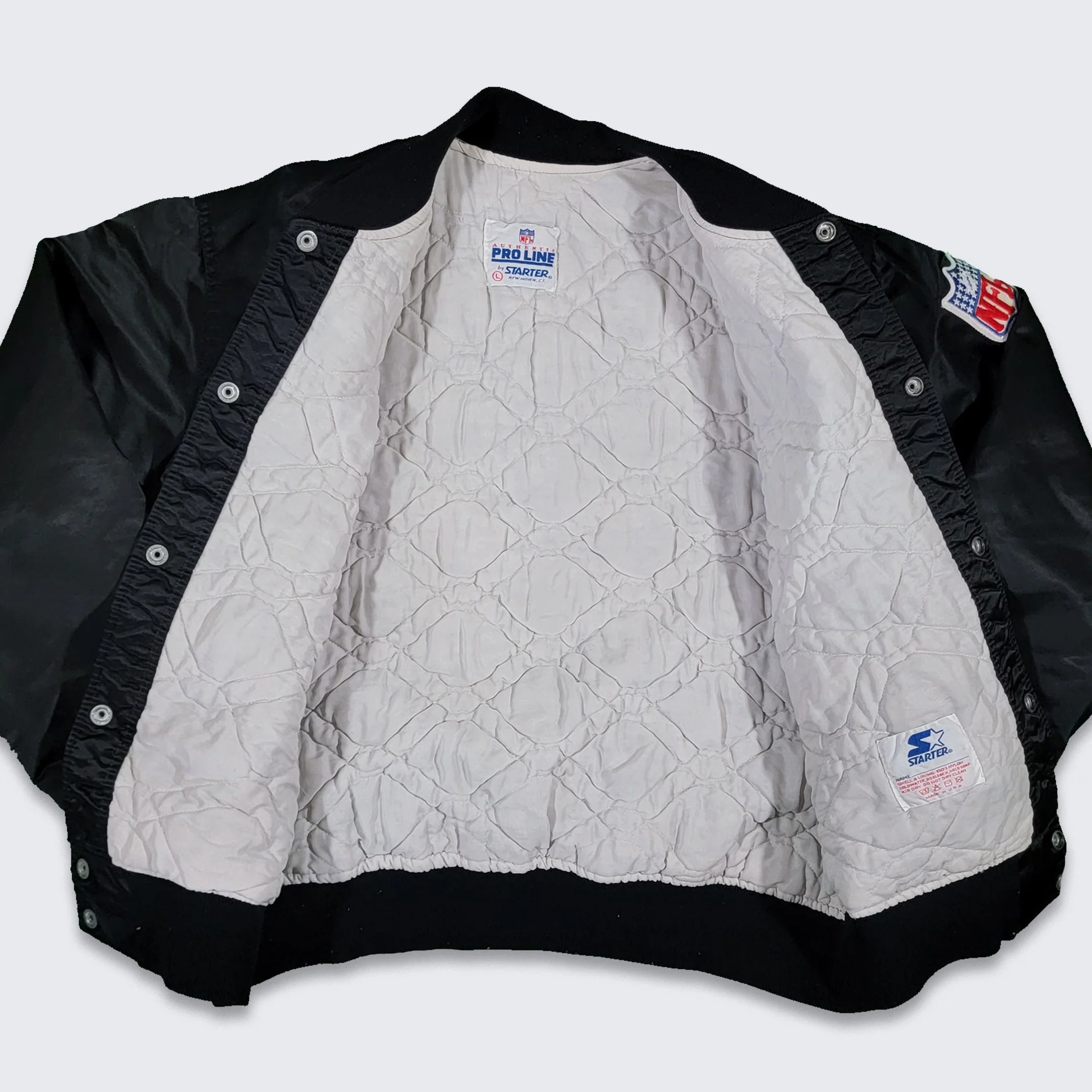 Los Angeles Raiders Vintage 80s Starter Satin Bomber Jacket Nfl Football Black and Silver Coat Size Large by Starter - Image 3