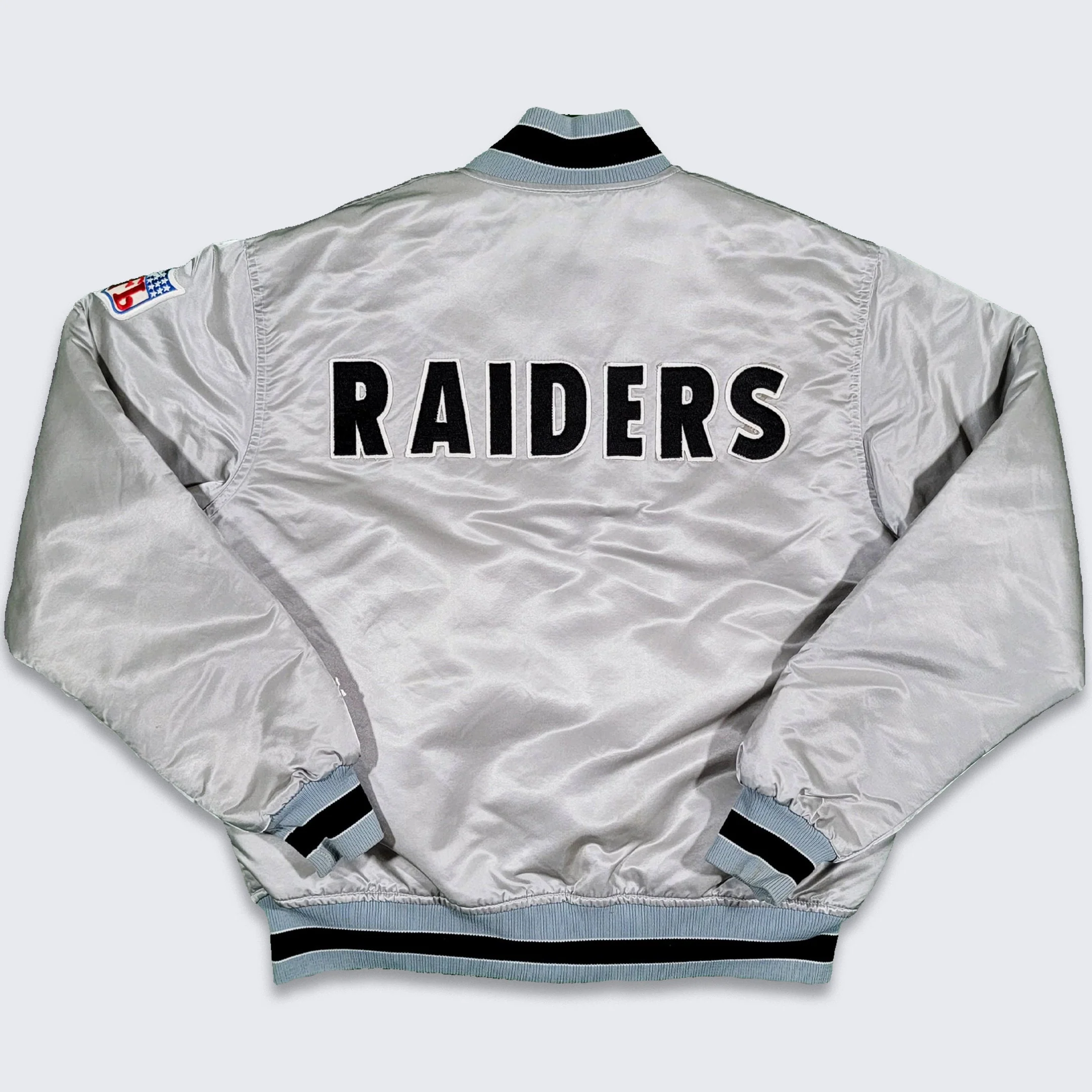 Los Angeles Raiders Vintage 80s Starter Silver Satin Bomber Jacket - Size Large by Starter - Image 2