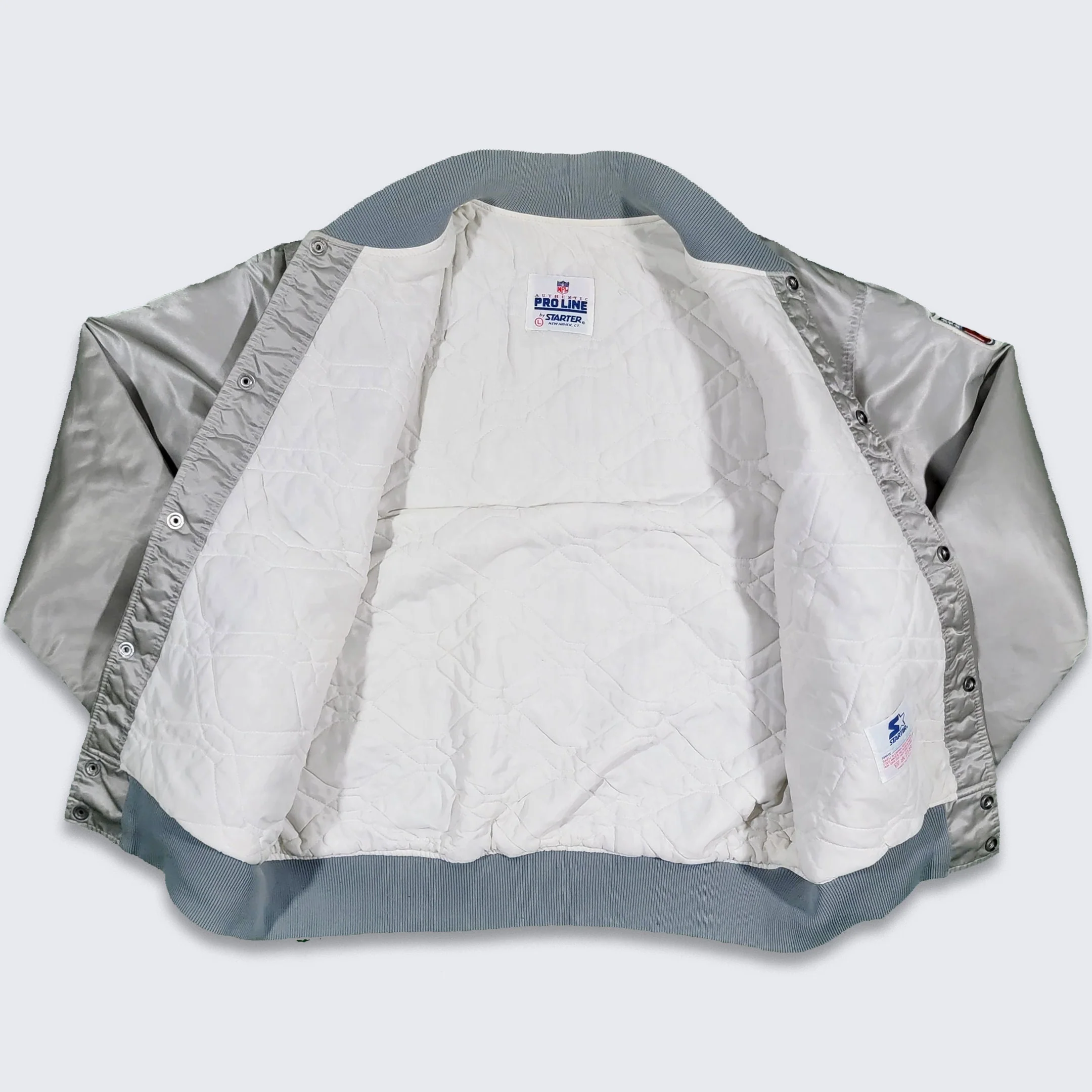 Los Angeles Raiders Vintage 80s Starter Silver Satin Bomber Jacket - Size Large by Starter - Image 3