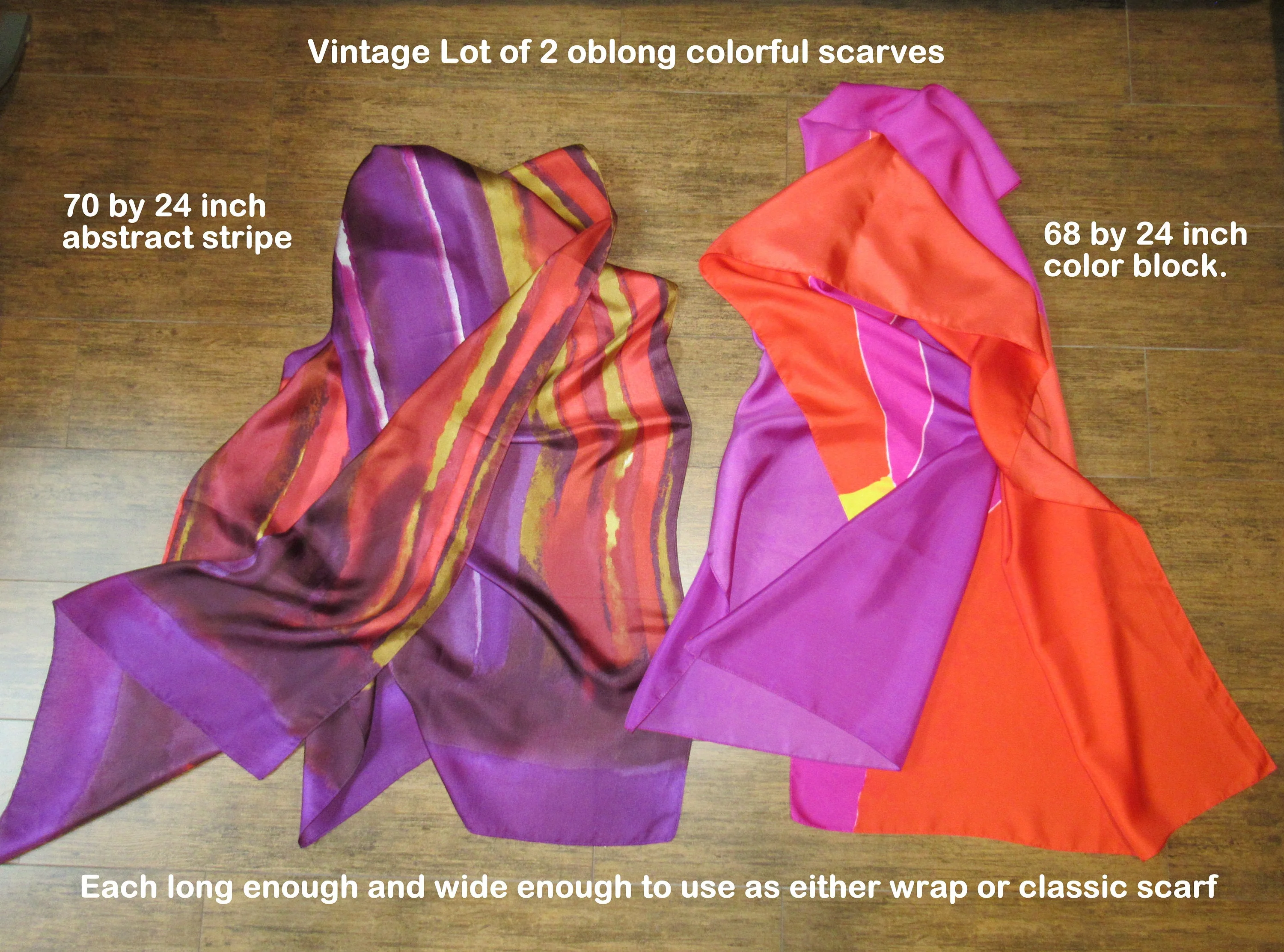 Lot of 2 Oblong Scarves 1st 70 by 24 Abstract Stripe, 2nd 68 by 24 Colorblock, Use Each As Wrap/scarf, Bonus Scarf Donuts, Colorful Vtg - Image 2