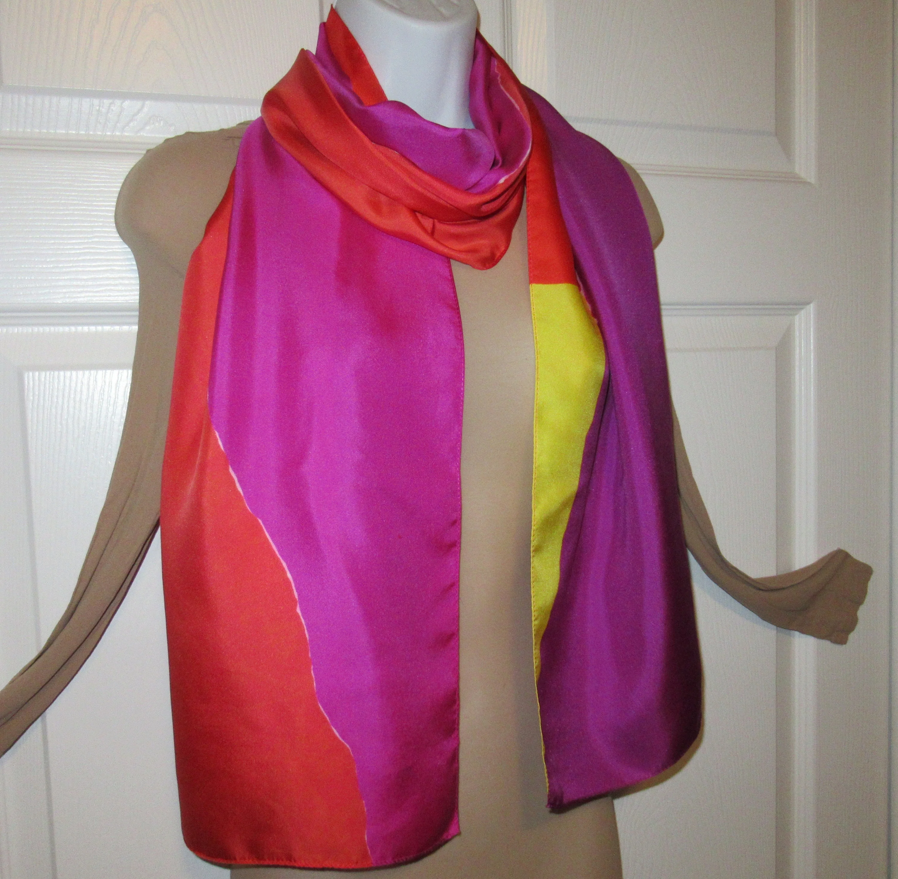 Lot of 2 Oblong Scarves 1st 70 by 24 Abstract Stripe, 2nd 68 by 24 Colorblock, Use Each As Wrap/scarf, Bonus Scarf Donuts, Colorful Vtg - Image 9