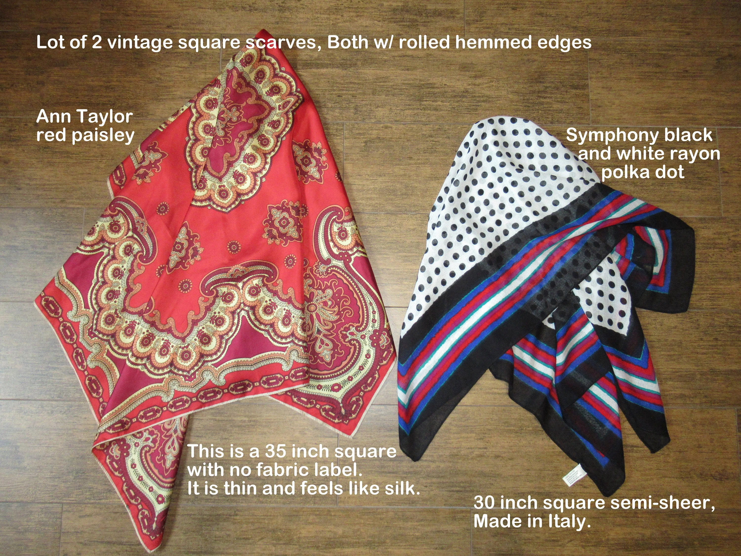 Lot of 2 Square Scarves Both with Rolled Hemmed Edge 1 Ann Taylor Red Paisley 1 Symphony Black and White Polka Dot with Lined Border Vtg - Image 2